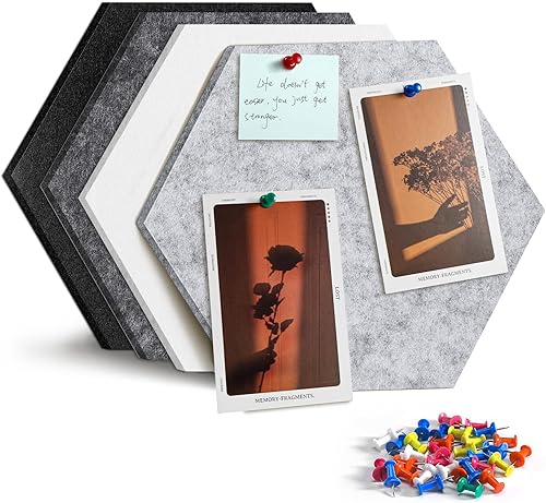 Miniatura 28 de Tablero de anuncios grande de 12 pulgadas con 30 pasadores, paquete de 8 tableros de anuncios de fieltro hexagonal para oficina en casa, azulejos