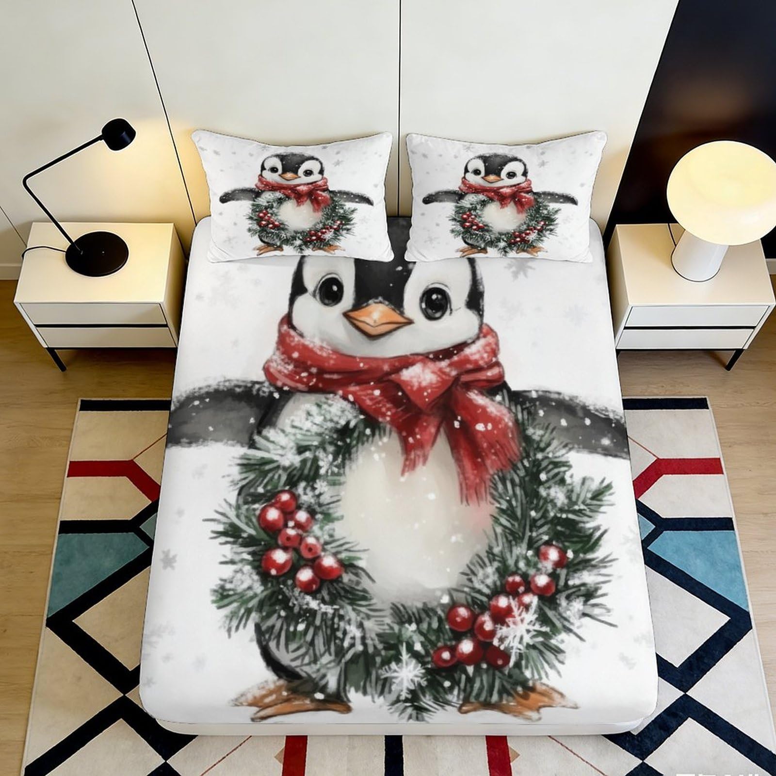 Jqzkxnhpbr Style-7 3D Printed Christmas Penguin Fitted Sheet Microfiber Soft Breathable Winter Wreath Mattress Cover For Bedroom Guest Room Decor 90X200x25cm