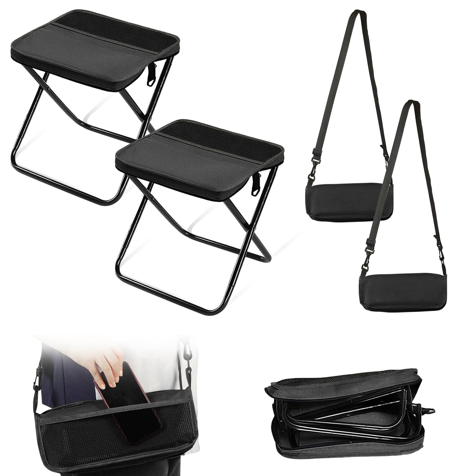 2PCS Portable Foldable Backpack Stool for Camping, Small Folding Chair for adults, Lightweight Mini Pocket Fold Up Telescopic Stools for Fishing Travel Hiking Garden Outdoor Indoor(2* Black, Small)
