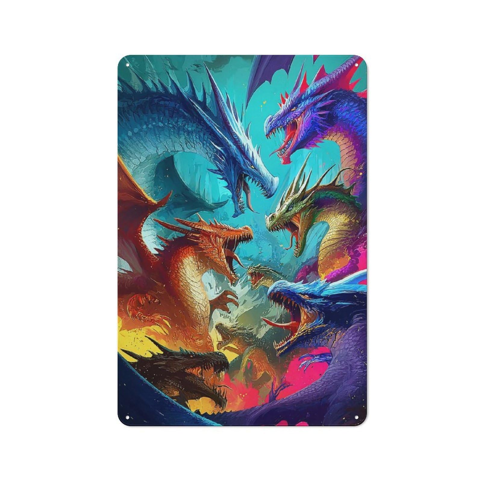 Junmoney Dragons In Epic Battle Metal Wall Sign 30X20cm Featuring For Café Or Home Bar, A Winter Wall Decor Update For Hospitality Decor Collectors
