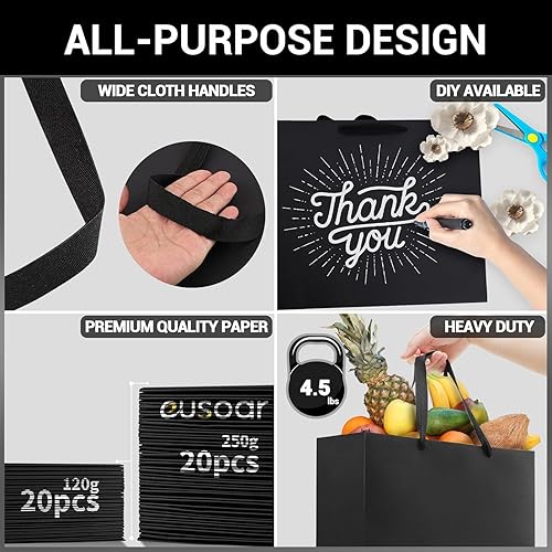 Miniatura 3 de EUSOAR Bolsas de papel de regalo de tamaño pequeño, paquete de 25 bolsas de papel negro resistentes de 8.6 x 3.9 x 7 pulgadas con asas a granel,