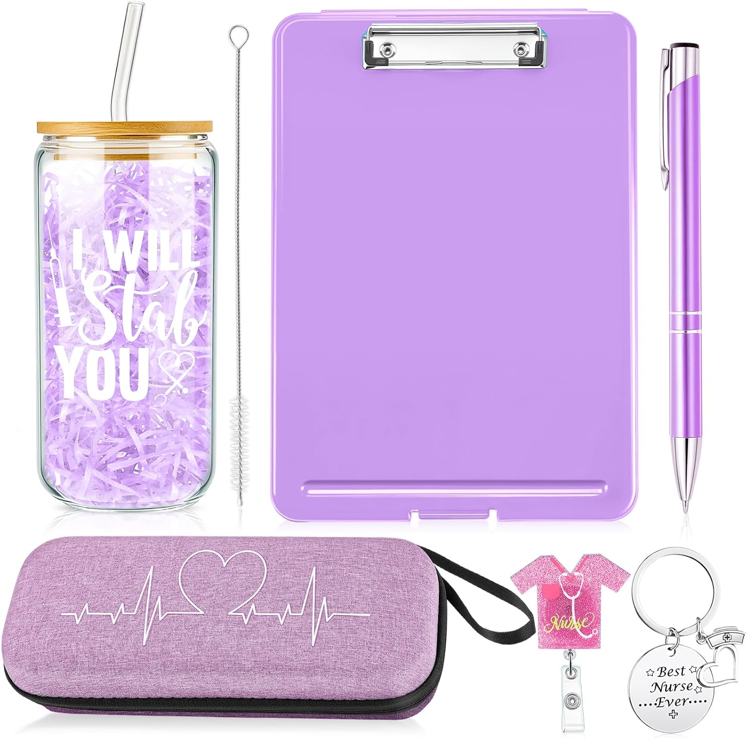Fullhawl 6 Pcs Nurses Week Appreciation Gifts Set Nursing Gifts Include Glass Coffee Cup, Stethoscope Case, Ballpoint Pen, Badge Reel, Clipboard and Keychain(Blue)