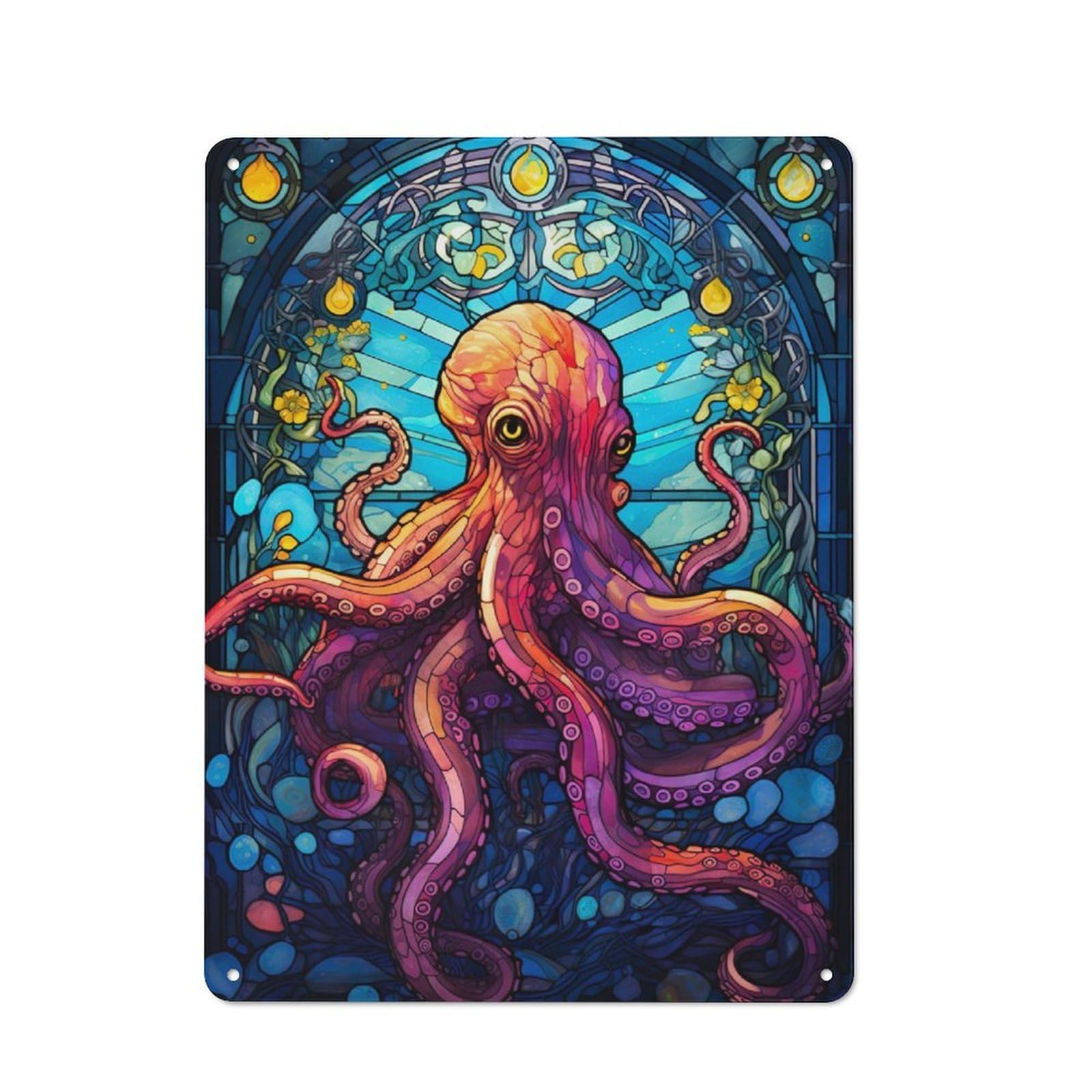 Junmoney Octopus Stained Glass Cottage Style Country Metal Sign 40X30cm, Farmhouse Wall Decor For Farmhouse Kitchen, Pantry Or Dining Area