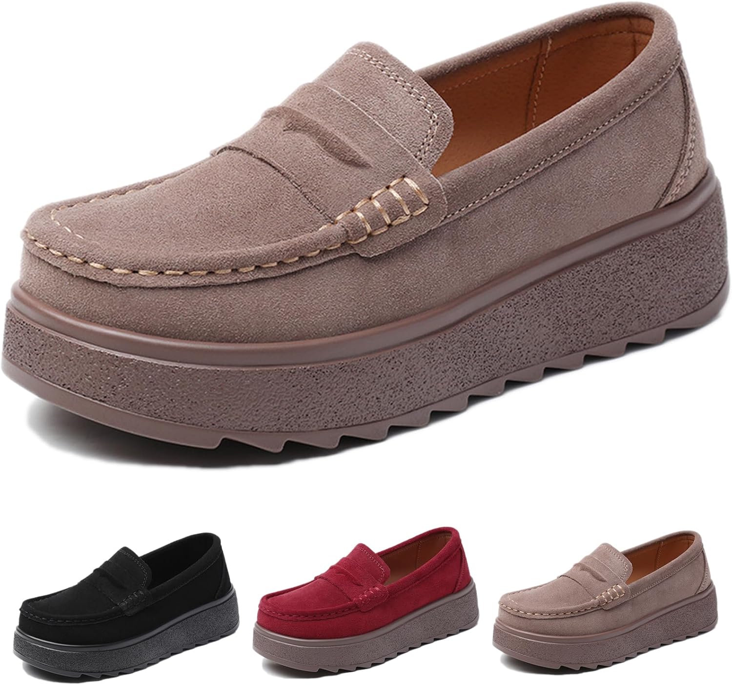 Women's Suede Platform Wedge Soft Slip-On Loafers Moccasin Toe Comfortable Anti-Slip Lug Sole Penny Loafers Business Casual Walking Daily Shoes