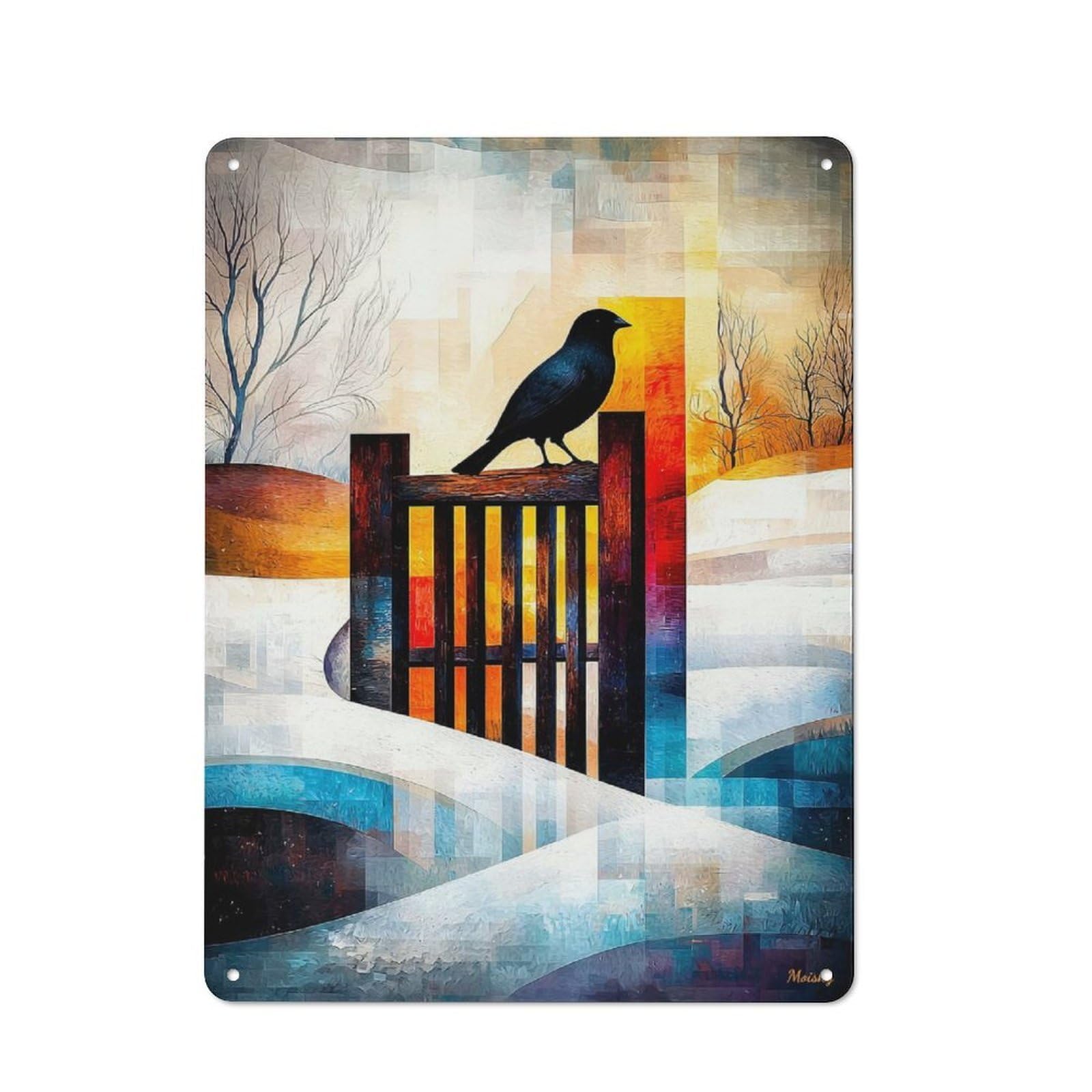 Junmoney The Magpie - Monet Inspired - Geometric Winte R Scene - Abstract Impressionist Landscape Retro Metal Plaque 40X30cm For Living Room Or Hallway, For An Autumn Wall Display In Living Room And Hallway