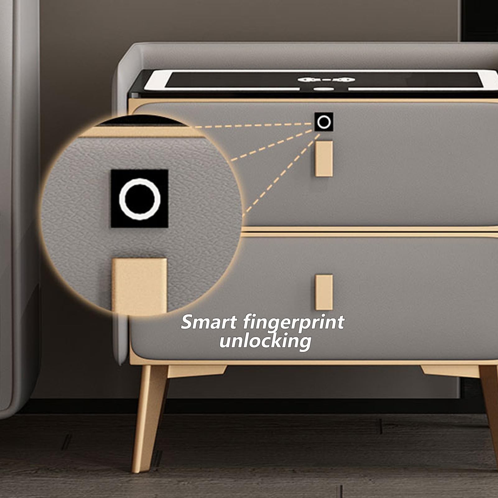 Nowoczesna biała szafka nocna ze stacją ładującą, głośnikiem Bluetooth i światłami LED, blokada odcisków palców ze szkła hartowanego, 40 x 40 x 47 cm, stylowy stolik nocny do wystroju domu