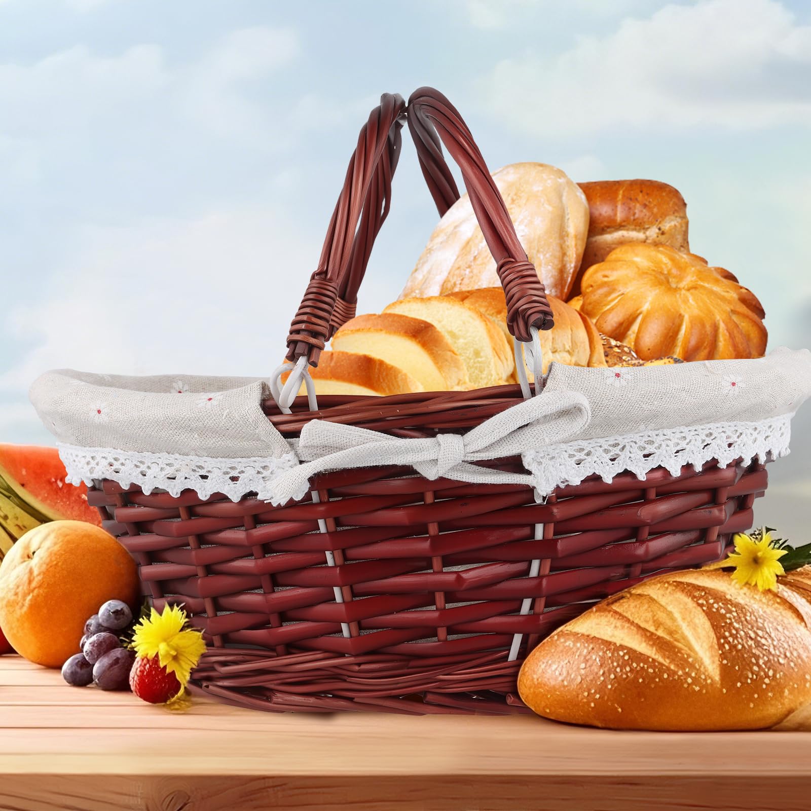 Brązowy wiklinowy tkany kosz wielkanocny, ręcznie tkany, pusty, tkany kosz z wierzby, z podwójnymi składanymi uchwytami i zmywalną wkładką, wiklinowy kosz piknikowy do przechowywania jajek