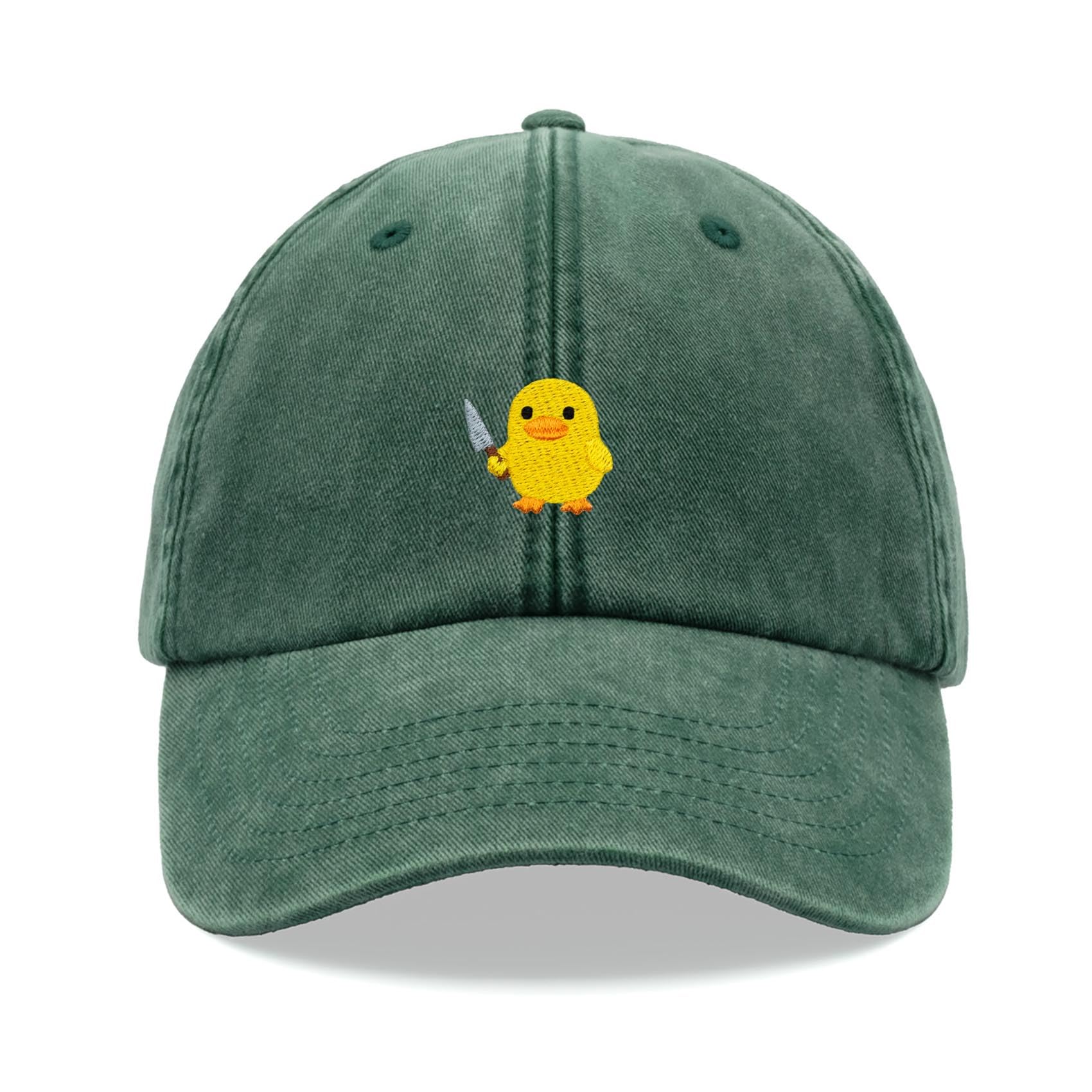 Duck with Knife Meme Baseball Cap Vintage Washed Unisex Dad Hat Adjustable Bottle Green