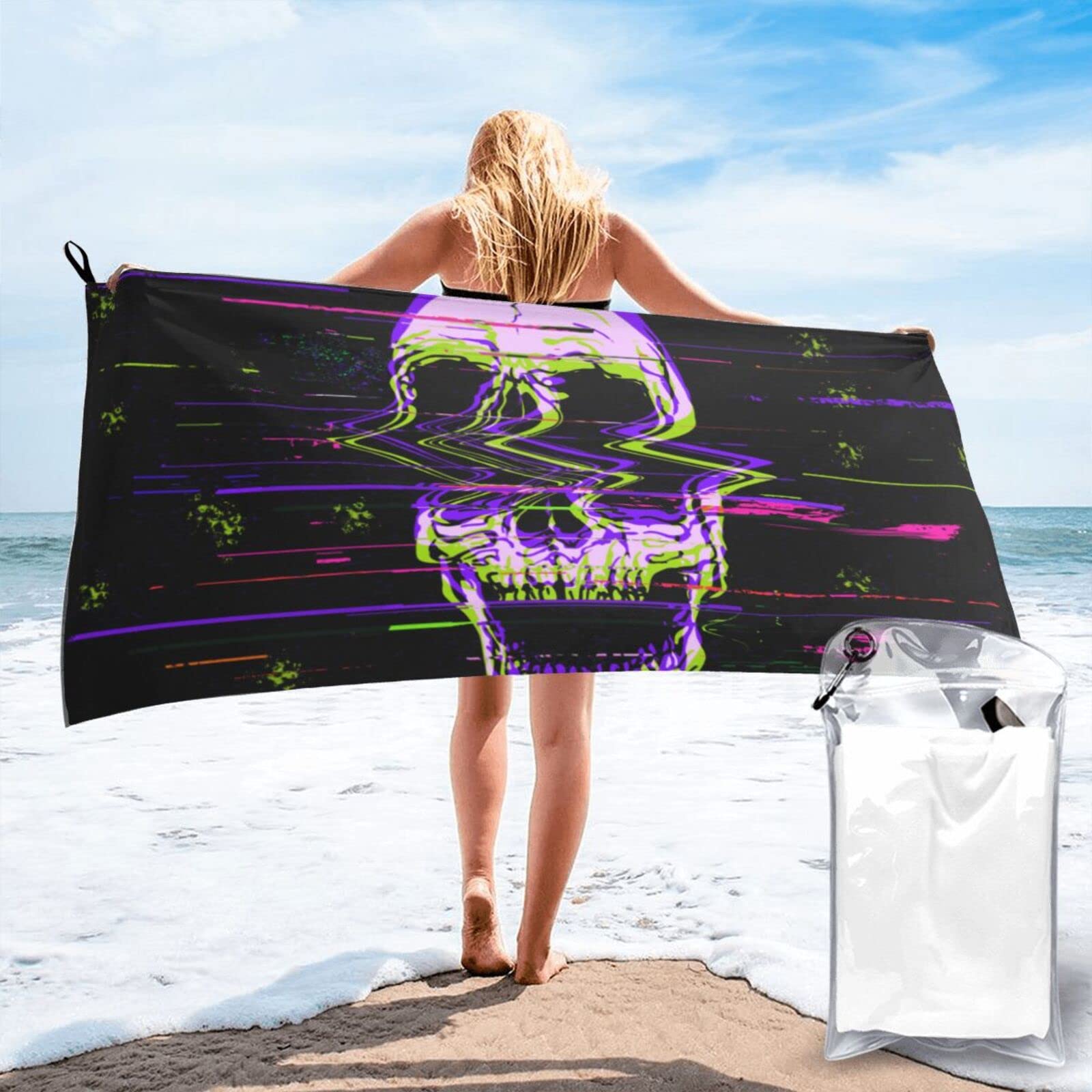 Lawenp Skull Microfiber Beach Towel Adults Large Quick Drying Bath Towel Travel Towels with Pouch 31.5"x63"
