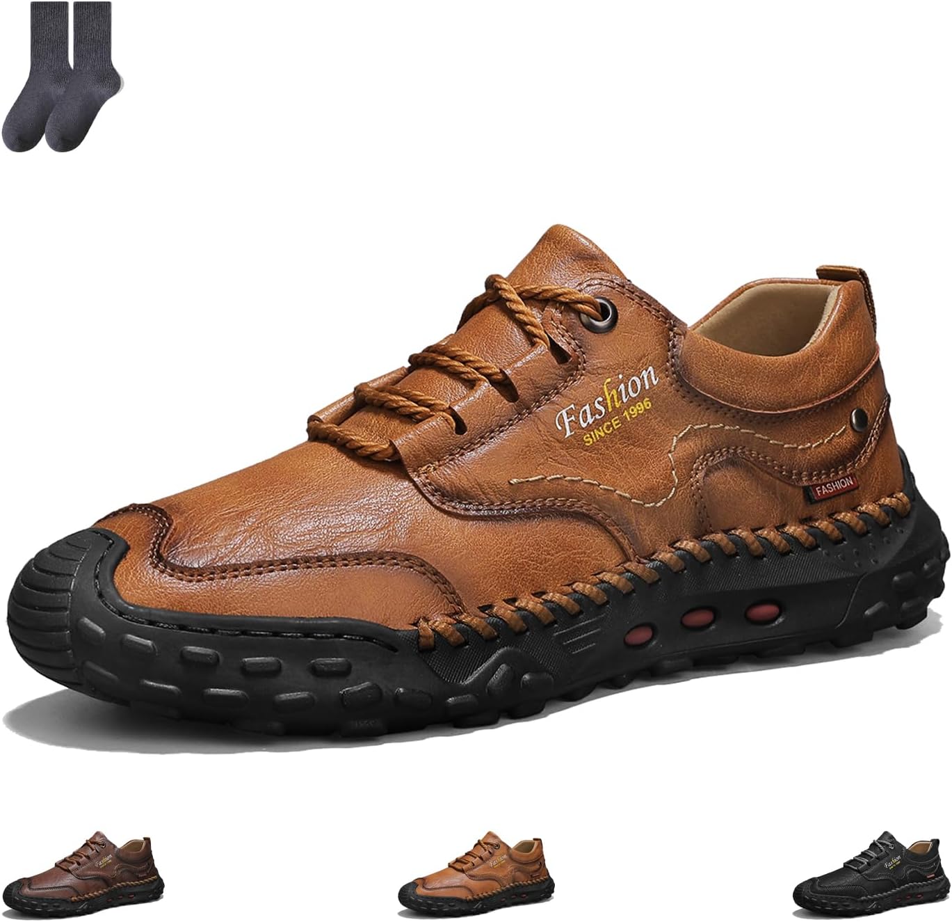 Men’s Vintage Leather Hiking Shoes – Hand-Sewn Lightweight Boots with Wide Toe Design, Waterproof Breathable & Arch Support for Driving & Walking