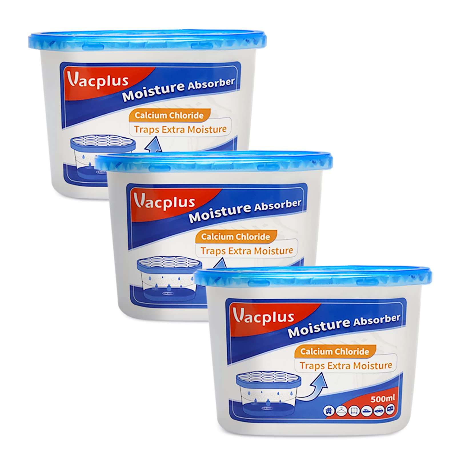 Vacplus Moisture Absorbers - Dehumidifiers for Closet, Efficient Humidity Absorber Boxes Collect Excess Moisture for Bathroom, Kitchen, Study, Fragrance-Free, 3 Pack