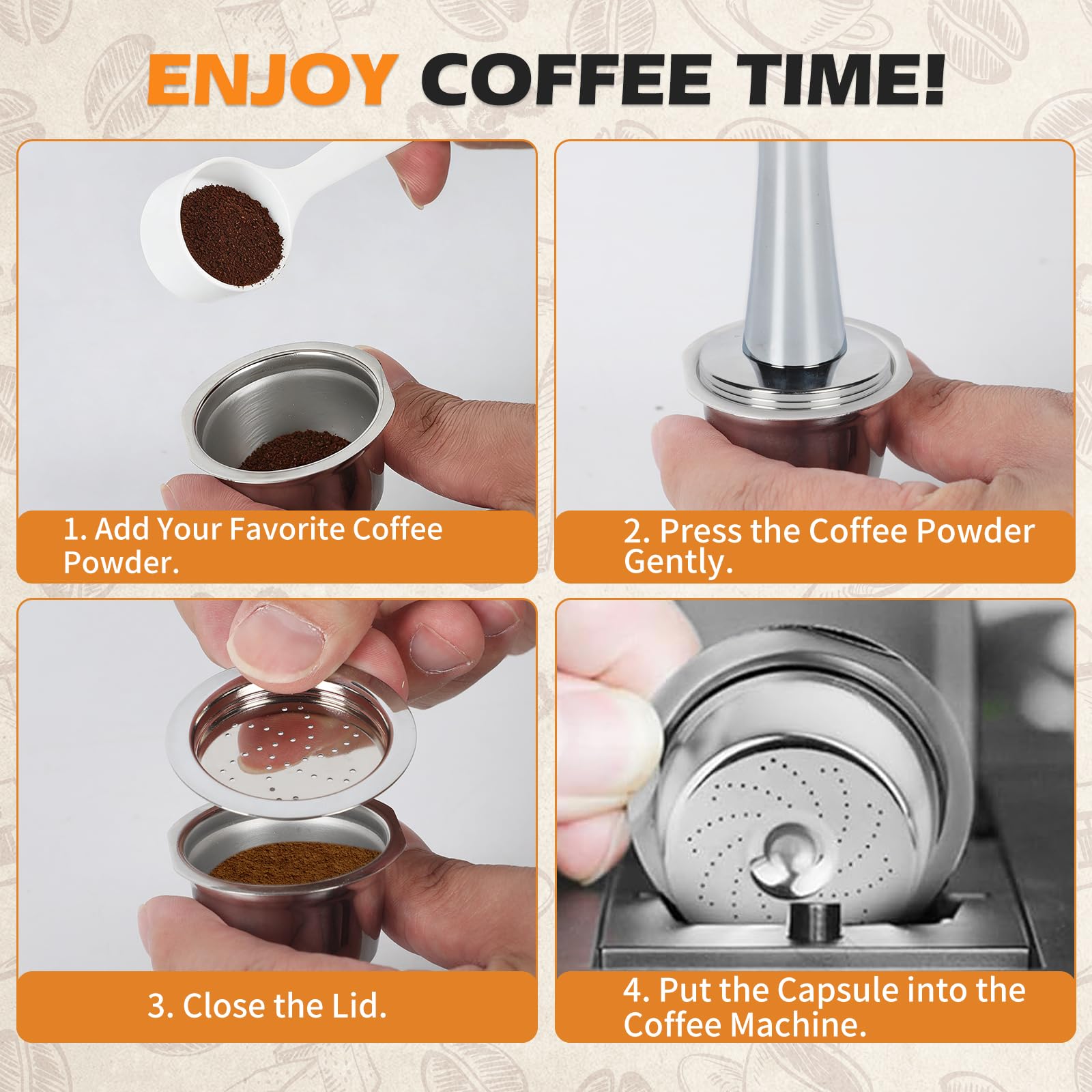 Capsules à expresso réutilisables en acier inoxydable avec cuillère à brosse