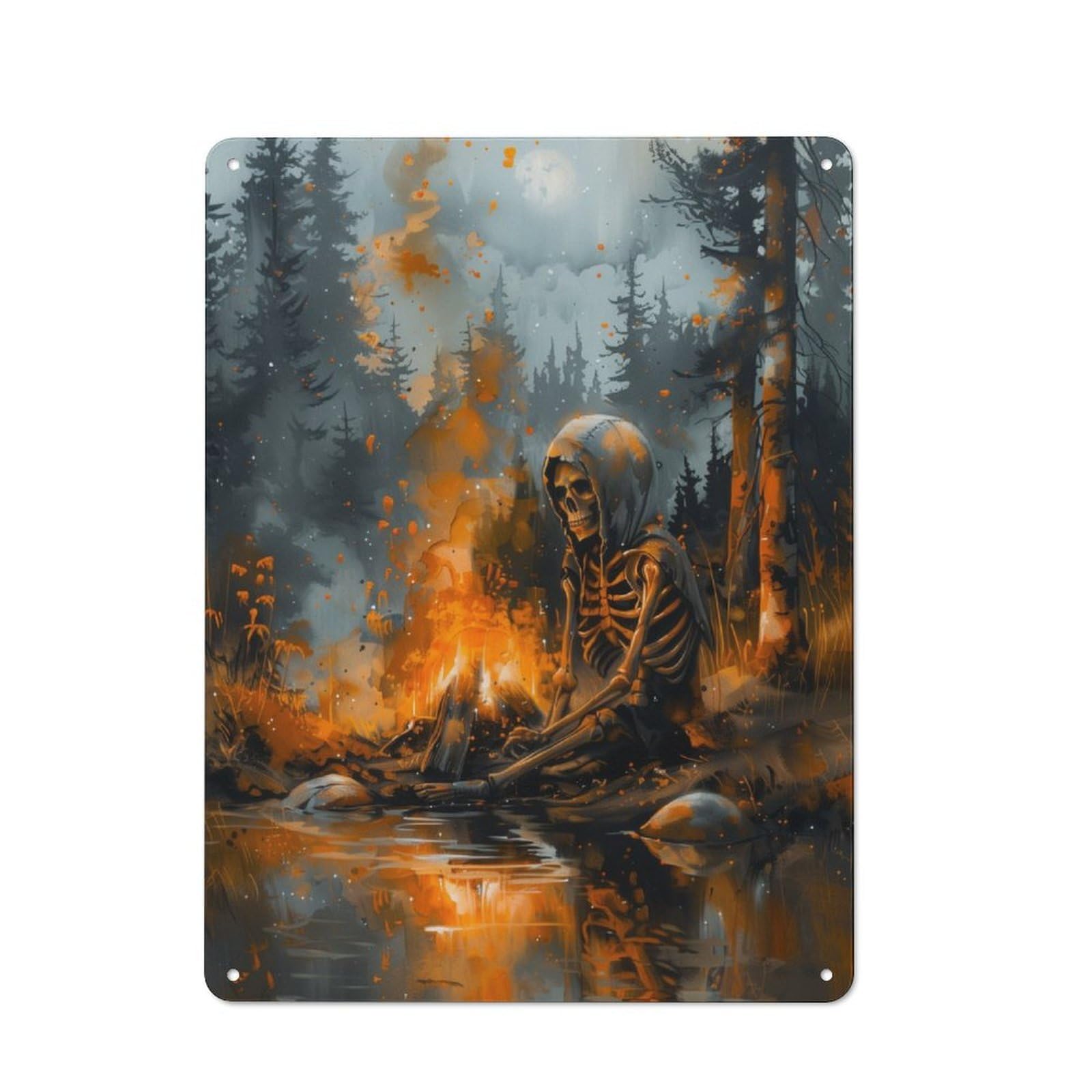 Junmoney Skeleton By The Fire Tin Wall Plaque 40X30cm With For Pub Or Café, For Collectors Of Retro Metal Wall Decor