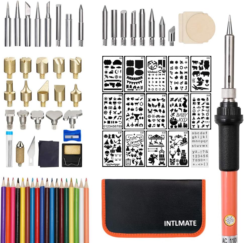 80PCS Wood Burning Kit,Professional Pyrography Set with Adjustable Temperature Pyrography Pen,Woodburning Tips +16 Stencils +18 Pencils +3 Slices+Tin Wire +Case for Wood Carving/Embossing/Soldering