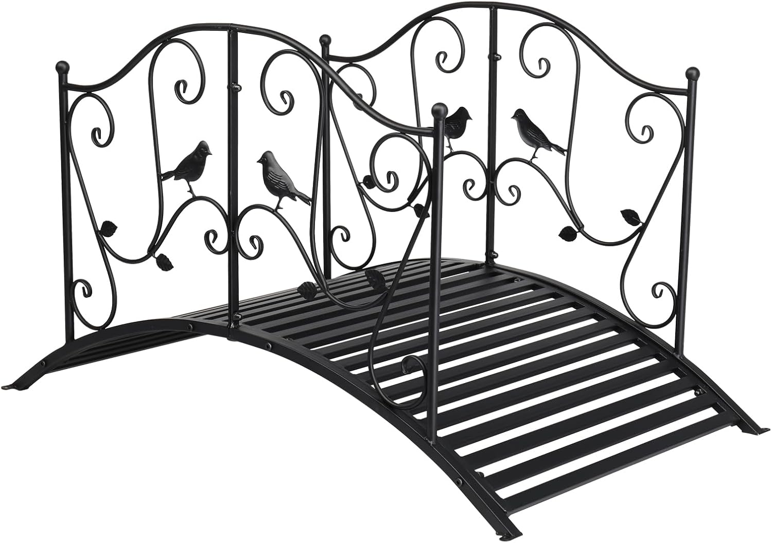 4' Arched Garden Bridge for Outdoors – 47×26×28in Decorative Courtyard Iron Bridge with Bird Pattern Handrail, Black Metal Garden Bridges for Landscaping