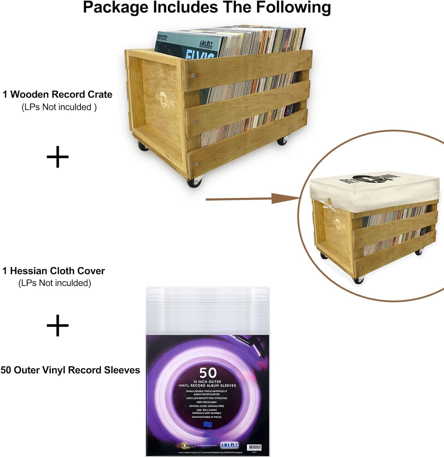 Wooden 12 "LP vinil Records Storage Box con Capacidad máxima para 100 Discos en Ruedas (Manguitos de PVC), la Portada de Hesse Incluye 50 Chaquetas de Vinilo(Acabado de Teca)