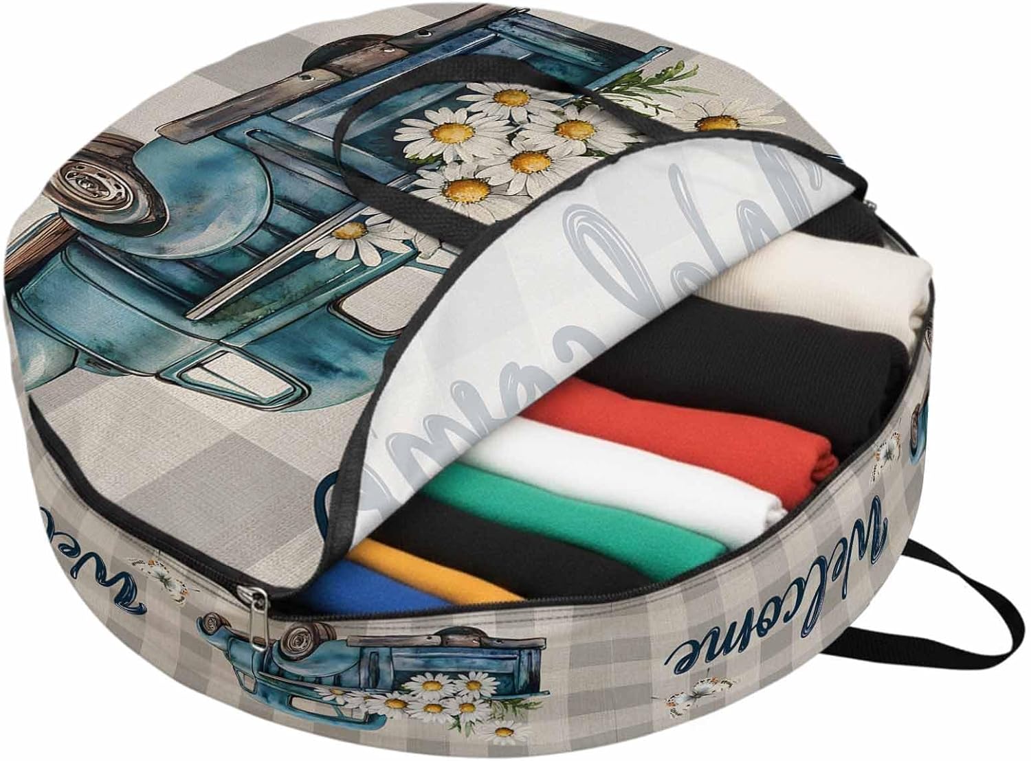 Truck Daisy Round Storage Bag 36 Inch, Welcome Spring Gray Plaid Rustic Clothes Storage Container with Handles Heavy Duty Organizer for Comforter, Bedding & Holiday Wreaths