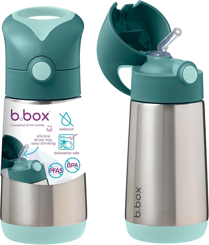 b.box Insulated Water Bottle for Kids, 12 oz Toddler Water Bottle | Stainless Steel Water Bottles Kids, Straw Top + Carry Handle, BPA Free, Leak Proof, Dishwasher Safe, 12m+ — Emerald Forest