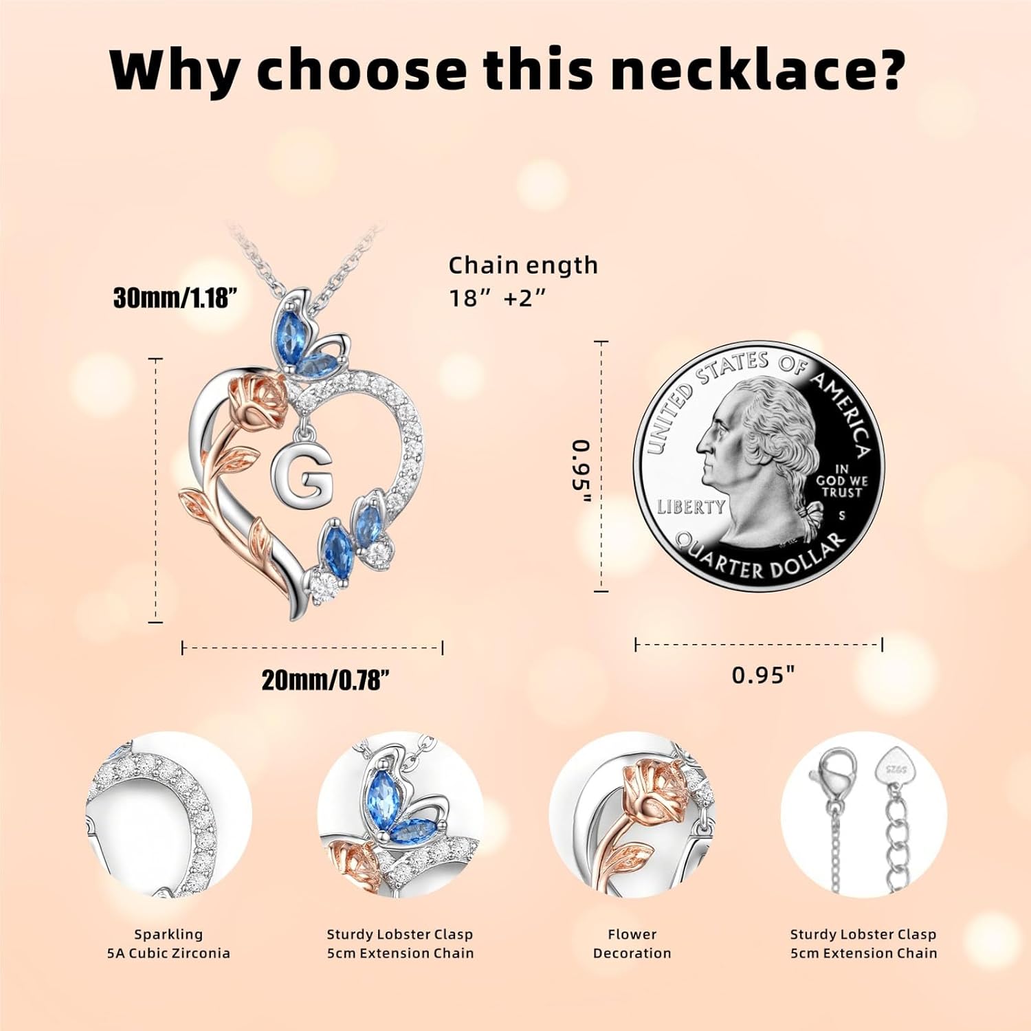 Silver Letter Necklace- Sterling Silver Initial Necklaces for Women- Adjustable Chain with Rose Heart pendant, Ideal Jewelry gift for her, Girlfriend, Wife, Mom on Birthday, Anniversary - Image 5