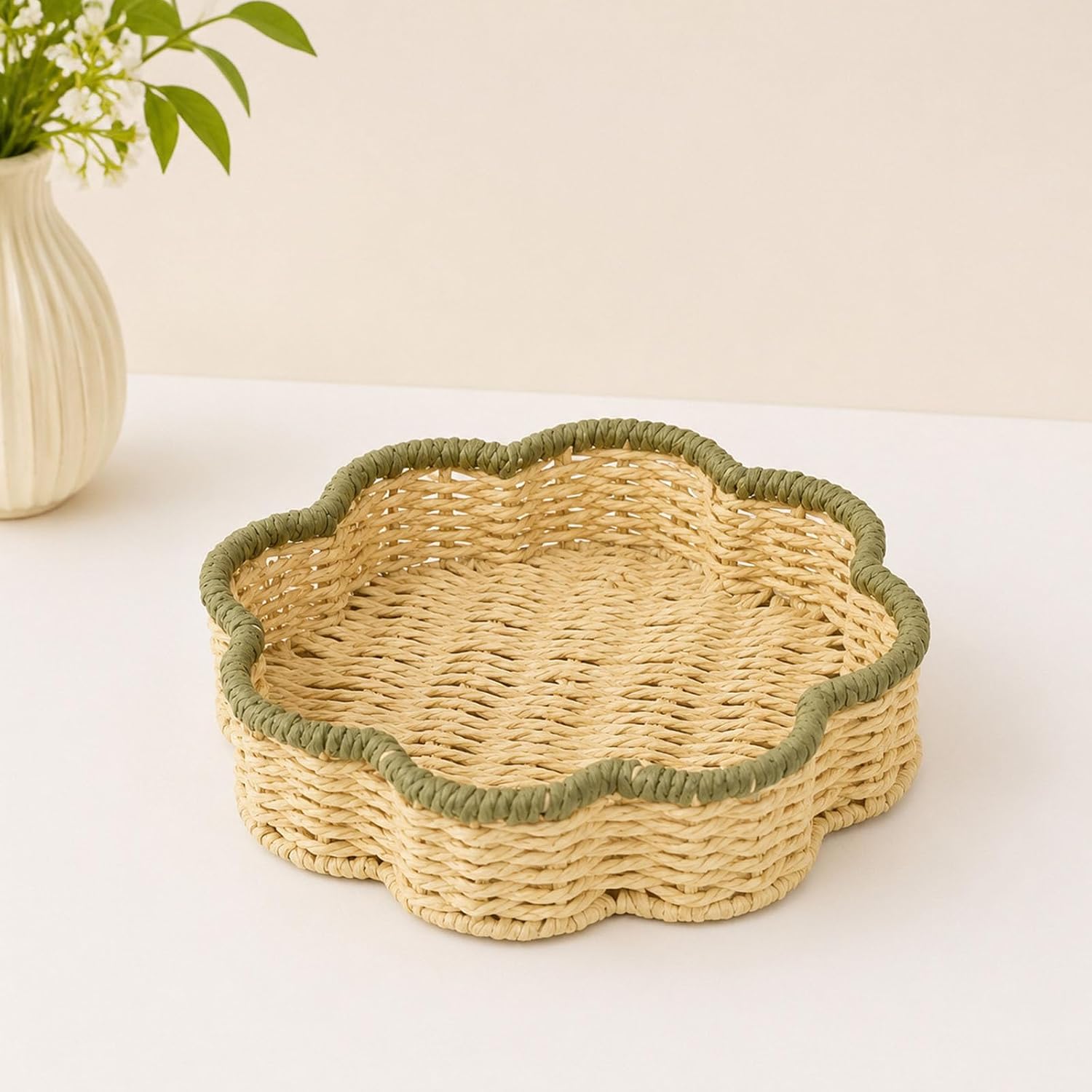 Sturdy Rattan Design Storage Containers 2 Pieces Functional Home Decors Accessory Flower Shape Basket Storage Bin Paper Rope Organizers