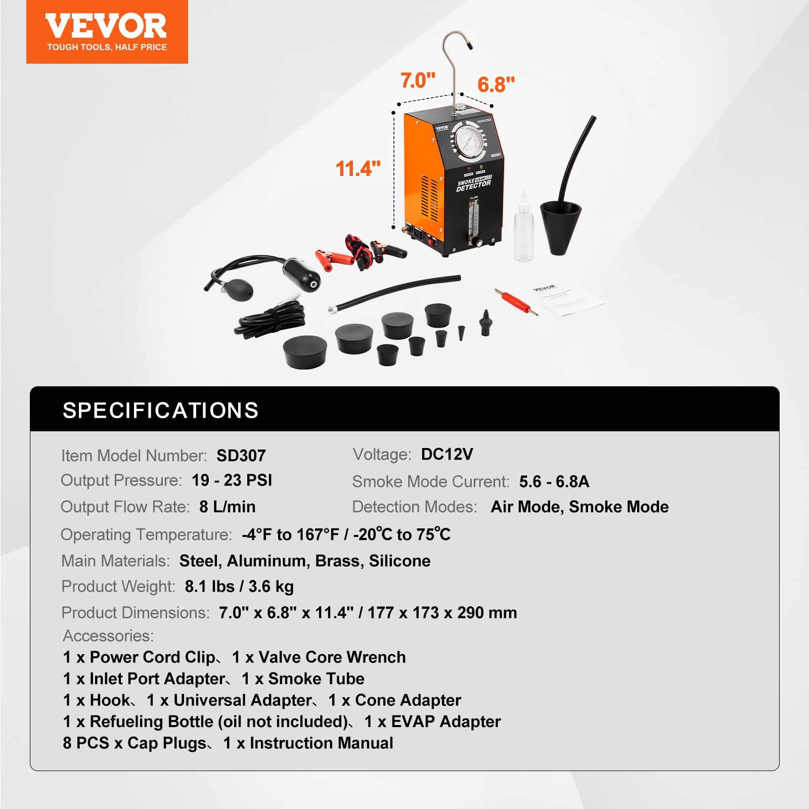 VEVOR Detector de Fugas de Humo para Automóviles de Combustible al Vacío EVAP con Bomba de Aire Incorporada, Manómetro y Caudalímetro, con Tubo de Vacío de 2 Modos para Automóviles, 177 x 173 x 290 mm