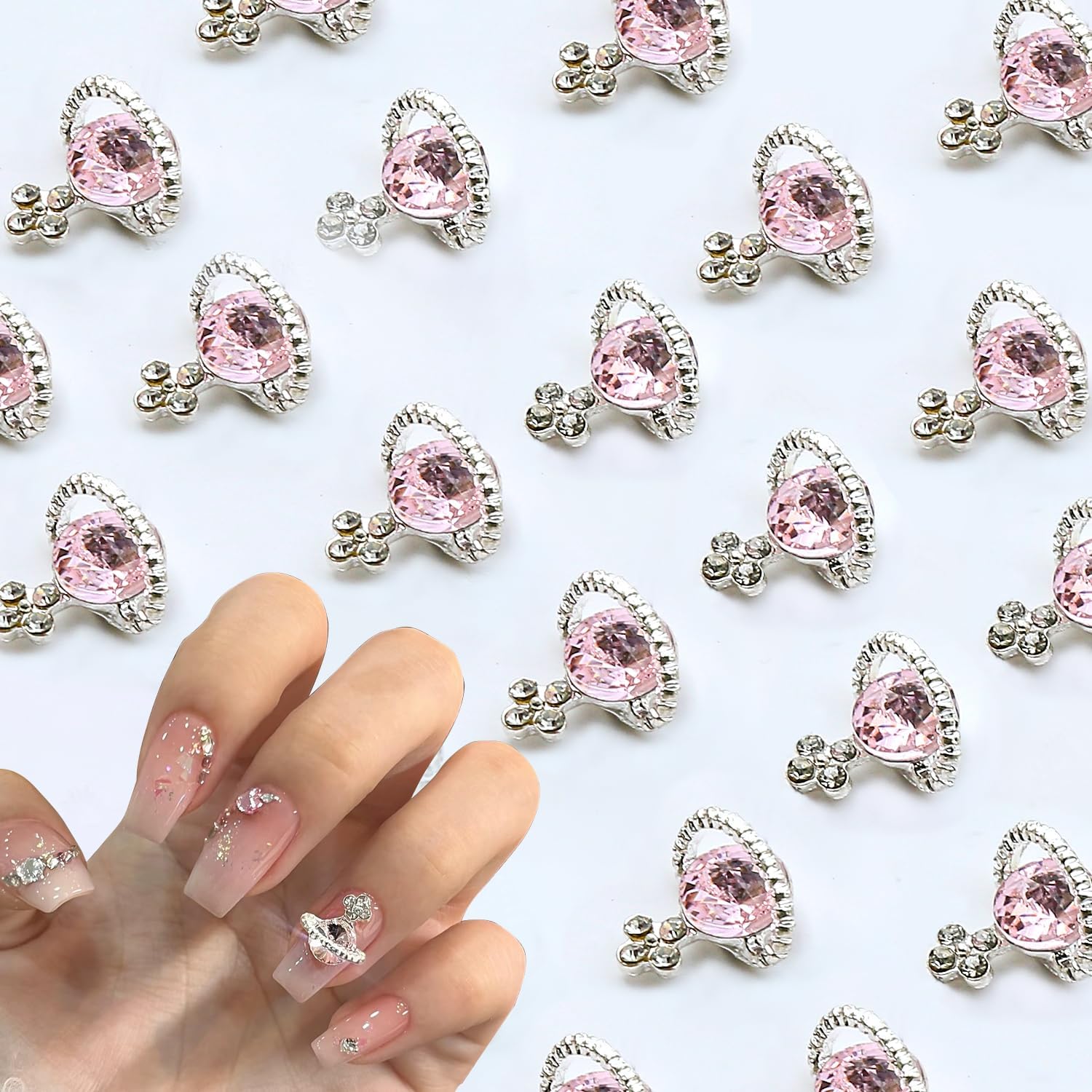 60pcs Planet Nail Charms with Gems, Y2K Sliver Cross Nail Art Charms, 3D Chrome Nails White Pink Saturn Shape Shiny Rhinestones Nail Supplies, Crystal Acrylic Charm for Women image 5