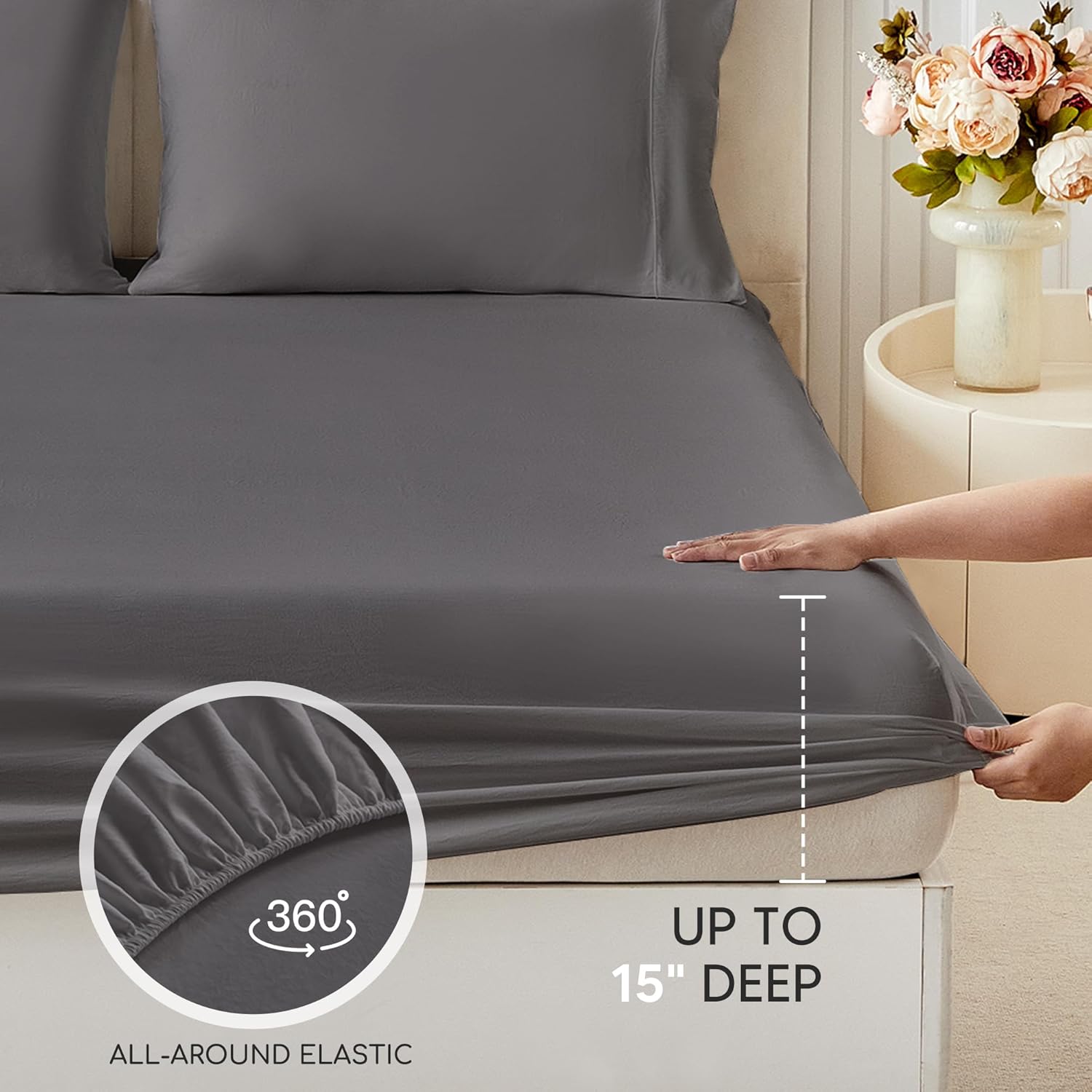 Tokokimo Queen Sheet Set 4 Piece, Super Soft Washed Cotton-Linen Feel Microfiber, 16" Deep Pocket Fitted Sheet, 1 Flat Sheet, 2 Pillowcases, Breathable Bed Sheets, Grey