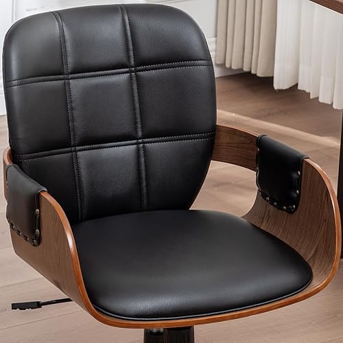 Miniatura 6 de Silla de escritorio de oficina en casa con ruedas giratorias, artesanía de nogal, respaldo y brazos curvos ergonómicos, piel sintética, altura