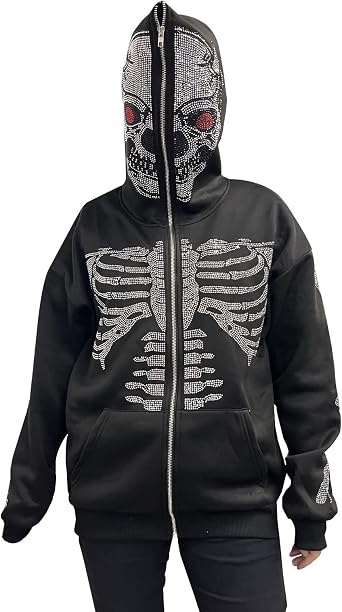 Y2k Women Men Rhinestone Skeleton Hoodies Zip Up Spider Punk Jacket Oversized Sweatshirt Gothic Streetwear