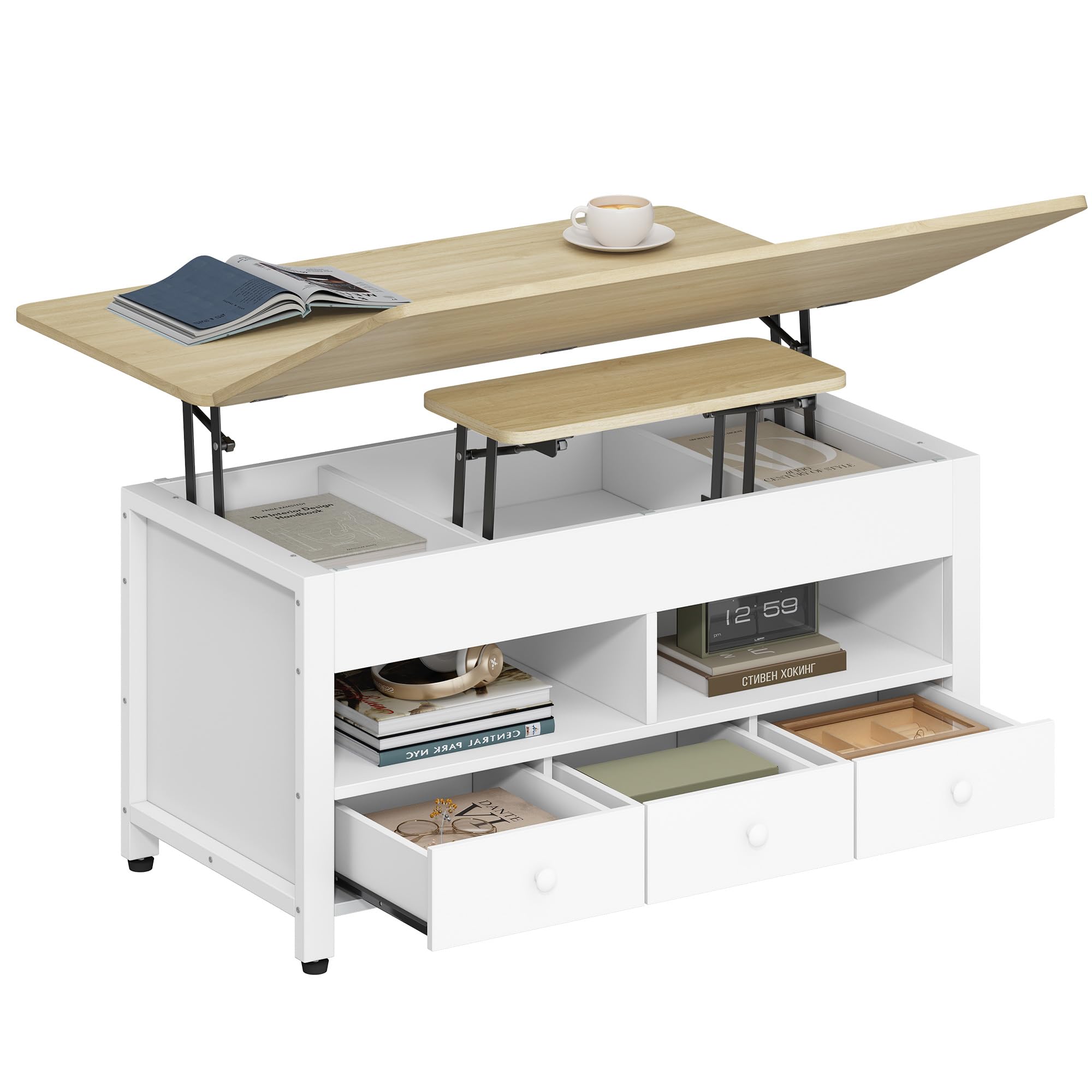 Hzuaneri Couchtisch, Höhenverstellbarer Wohnzimmertisch mit 3 Schubladen und 2 Fächer, 50 × 100 × 45 cm, Kaffeetisch Fach Umwandelbar in Esstisch, für Wohnzimmer, Homeoffice, Weiß-Eichefarben CT22231W