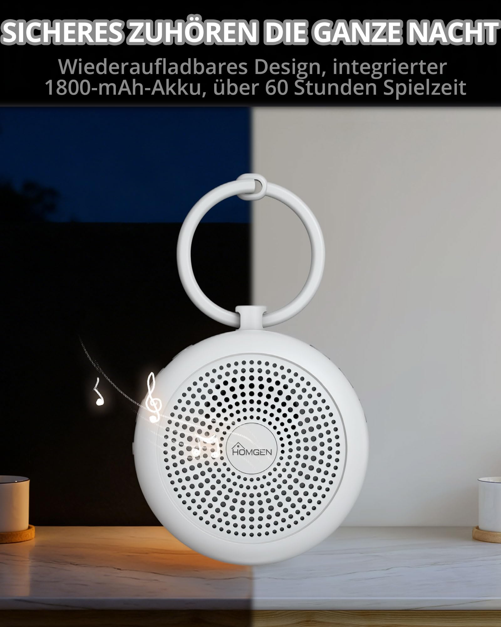 HOMGEN White Noise Machine Baby Einschlafhilfe für Babys & Erwachsene | Tragbare weißes Rauschen, 29 Beruhigende Klänge, 3 Timer-Einstellungen, Langlebige Leistung, Befestigung am Kinderwagen Bett