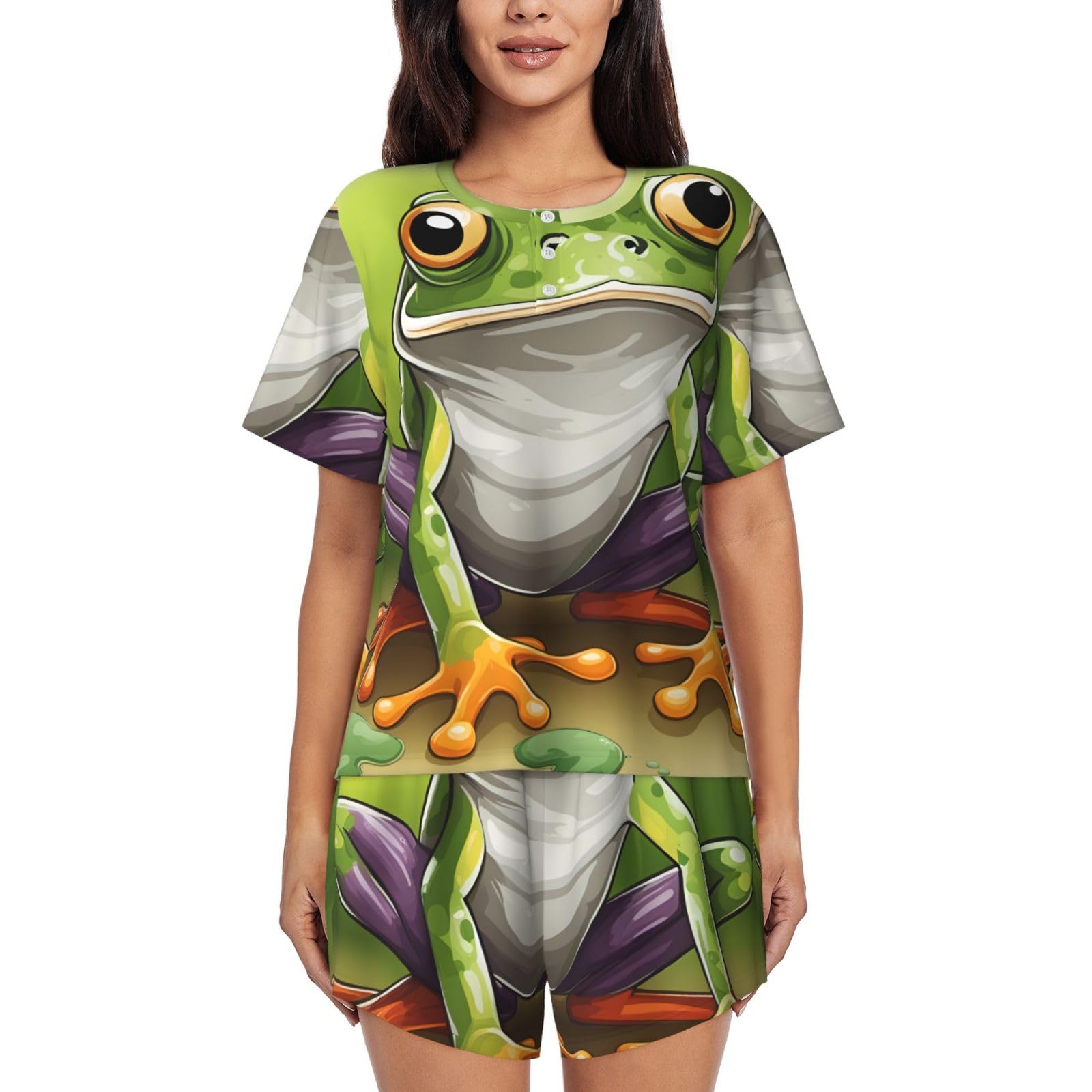 Pijama de rana para mujer: conjunto corto de verano cómodo y casual 8