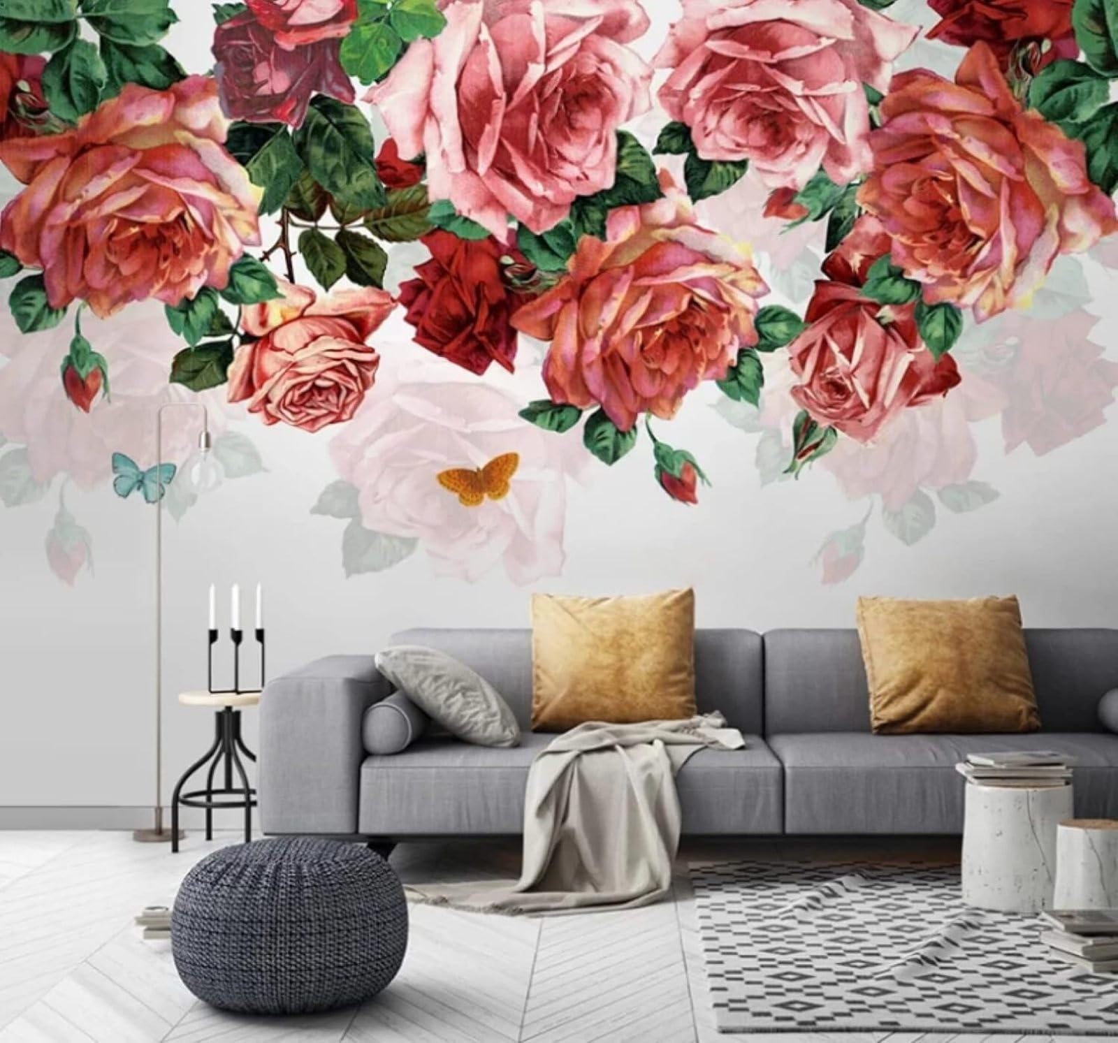 XLMING Hand Drawn Romantic Red Roses Butterflies 3D Wallpaper Luxury Home Dining Decor Paste Sofa Living Room The Wall for Bedroom Mural-400cm×280cm