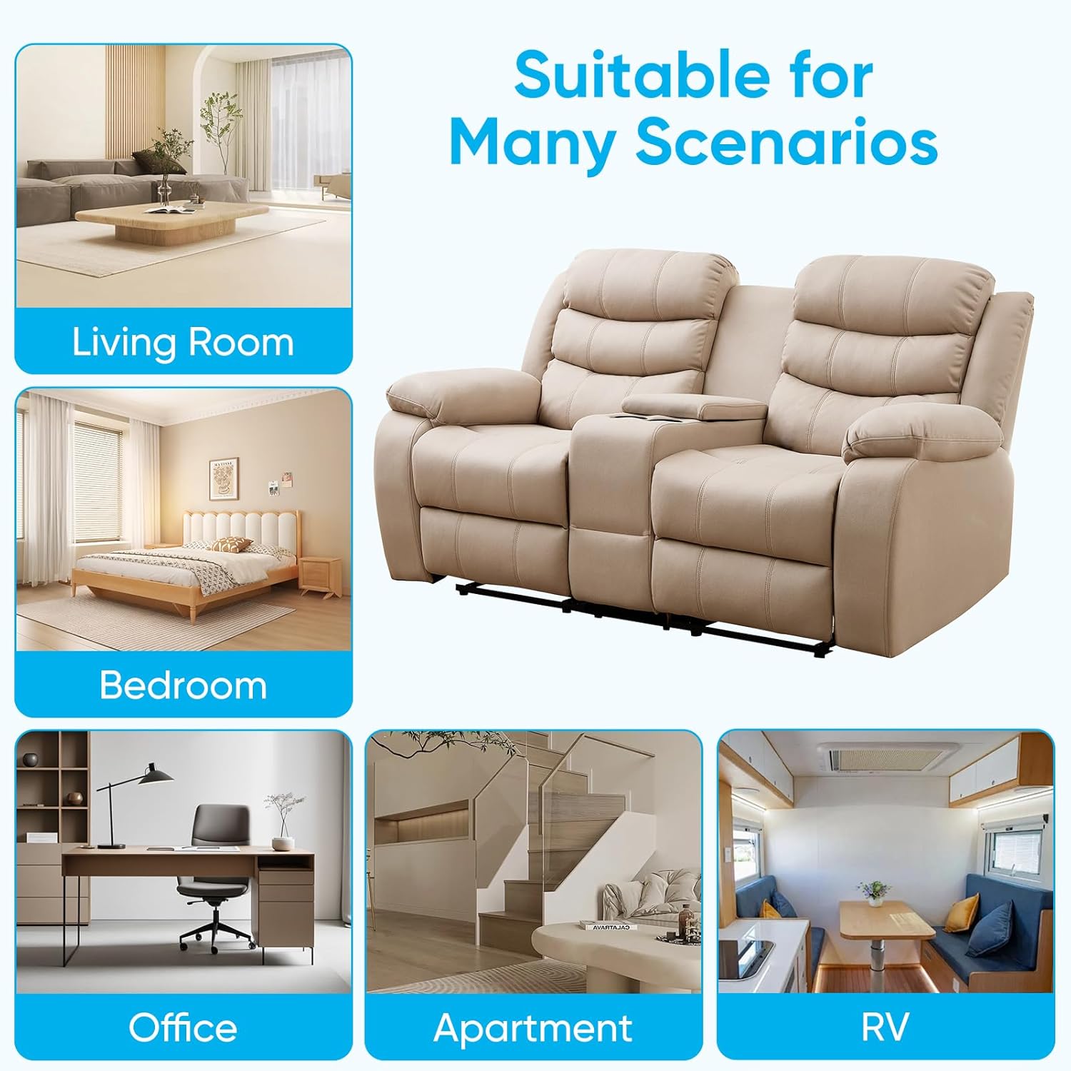 Mjkone Loveseat Recliner Sofa Couch, Reclining Home Theater Seating, Manual Control Recliner Sofa with Console Storage, Cup Holders, Adjustable Backrest, Couch for Living Room, Cinema, Media - Beige