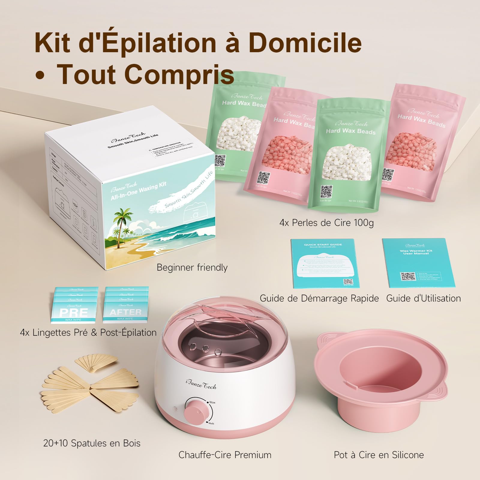 iFanzeTech Chauffe Cire Epilation Appareil Chauffe-cire: Kit Cire Épilation avec 400g Perles de Cire et bol silicone, Chauffe 10 mins, Pour Maillot, Visage, Corps, Pour les Débutants(Rose)