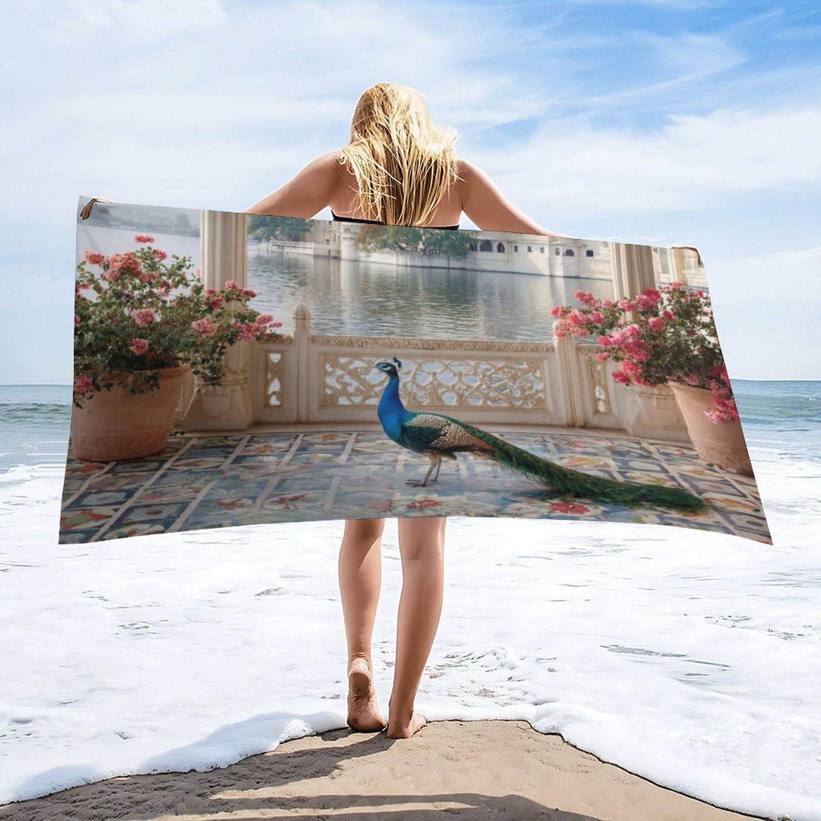 Luyysky Rustic Aesthetic Elegant Peacock Quick-Drying Beach Towel, Mid Century Romantic Castle Animal Peacock Plant Flowers Travel Vacation Single Sided Pile Bathroom Towels-80 W Cm X 160" L Cm