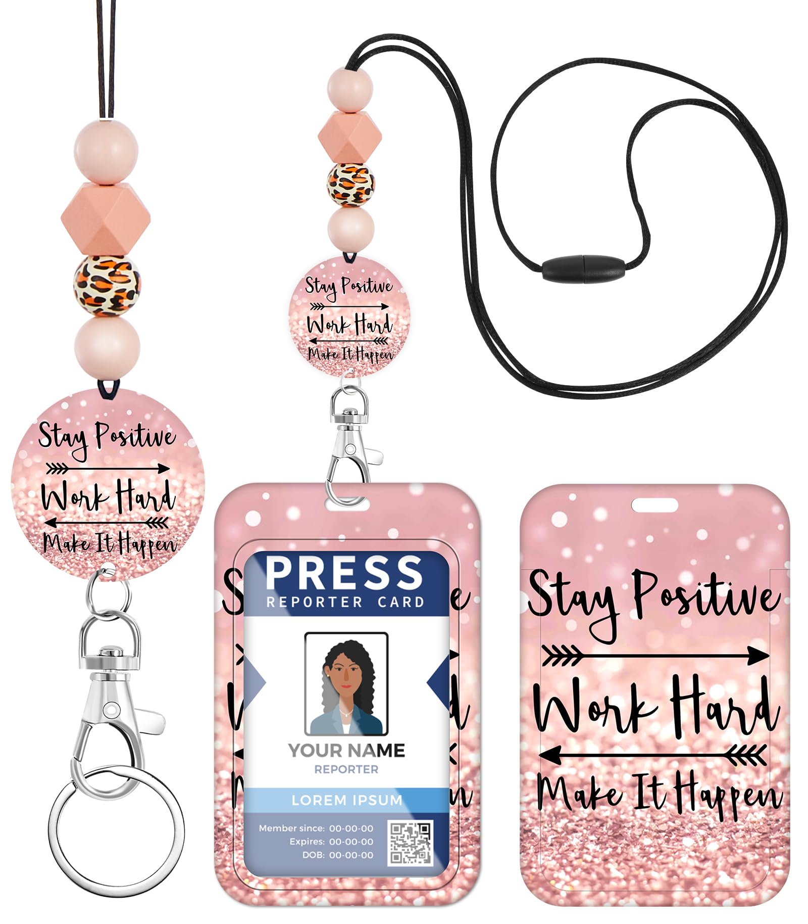 Plifal Teacher Lanyard for ID Badge Card, Cute Work Hard Slogan Women Beaded Breakaway Neck Lanyards Name Tag Badges Holder Aesthetic Work Keys Accessories Gift 🔥pink Work Hard