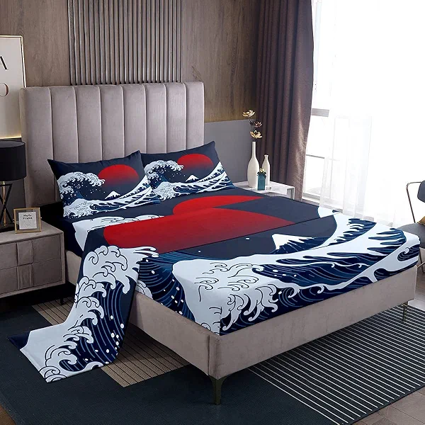 Ocean Wave Bed Sheets Sea Surfing Red Sun Sheet Set for Kids Boys Girls Japanese Ukiyoe Bed Set Exotic Navy Blue Decor Sheets with 2 Pillowcases 4Pcs Bedding Full