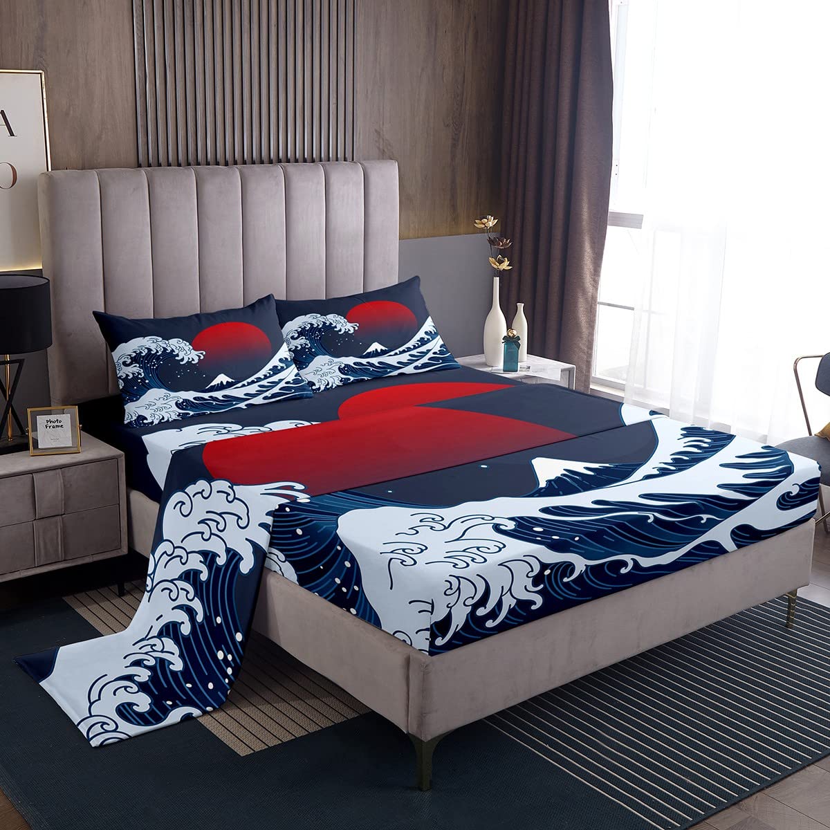 Ocean Wave Bed Sheets Sea Surfing Red Sun Sheet Set for Kids Boys Girls Japanese Ukiyoe Bed Set Exotic Navy Blue Decor Sheets with 2 Pillowcases 4Pcs Bedding Full