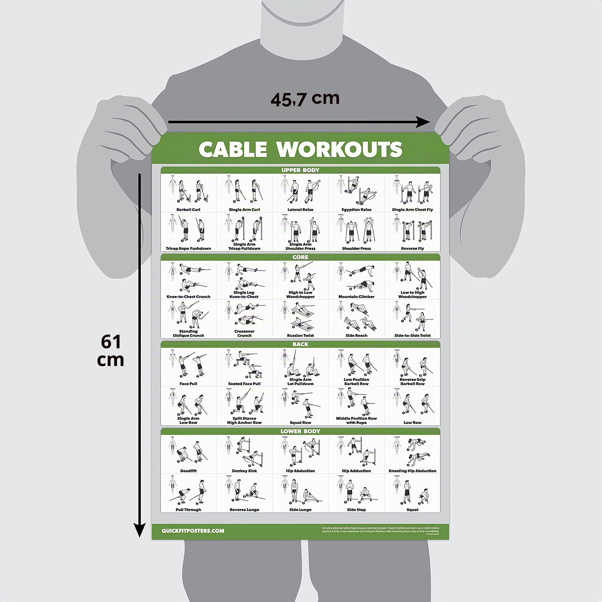 Palace Learning Kabelmaschinen-Workout-Poster, Band 1 & 2 + Hantelübungen + Dehnübungen (laminiert, 45,7 x 61 cm), 4 Stück