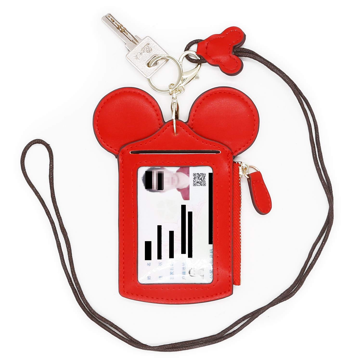 Soporte de identificación con soporte para credencial con cordón, piel sintética, cartera de cuello con forma de animal lindo para mujer (rojo)