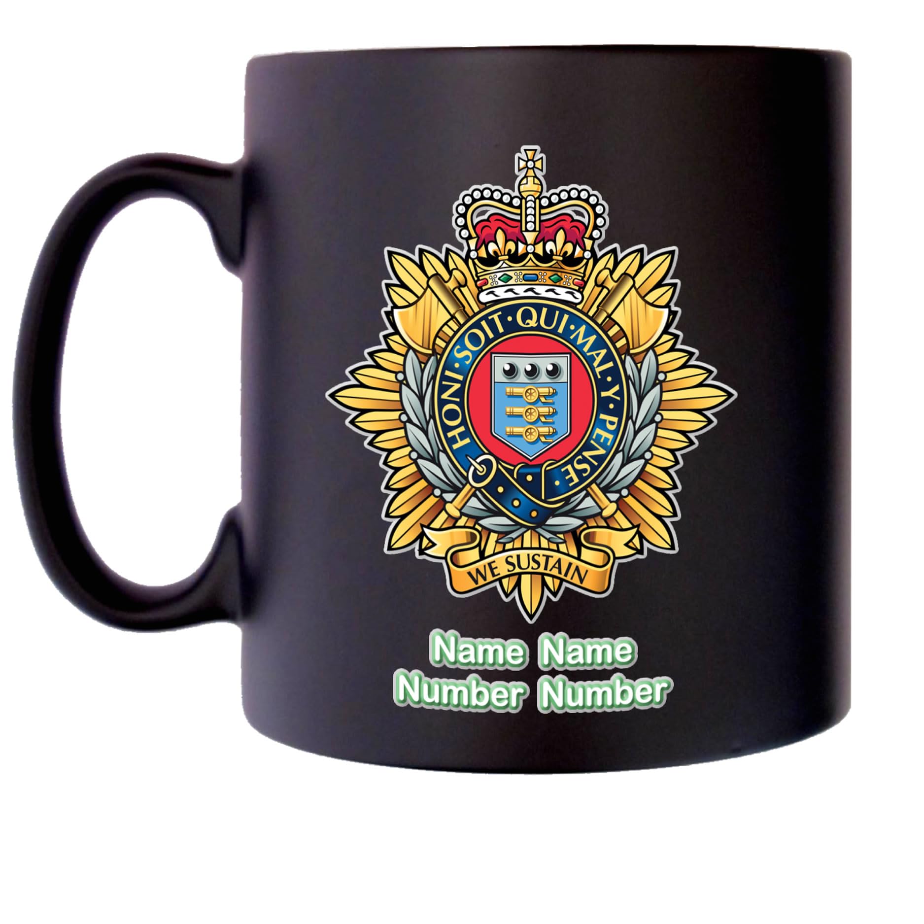 The Royal Logistic Corps Mug with Personalise Option Image of Military Emblem Flag Crest Insignia MOD Official Product Coffee Tea 10oz Black Satin Klassek Gift Present