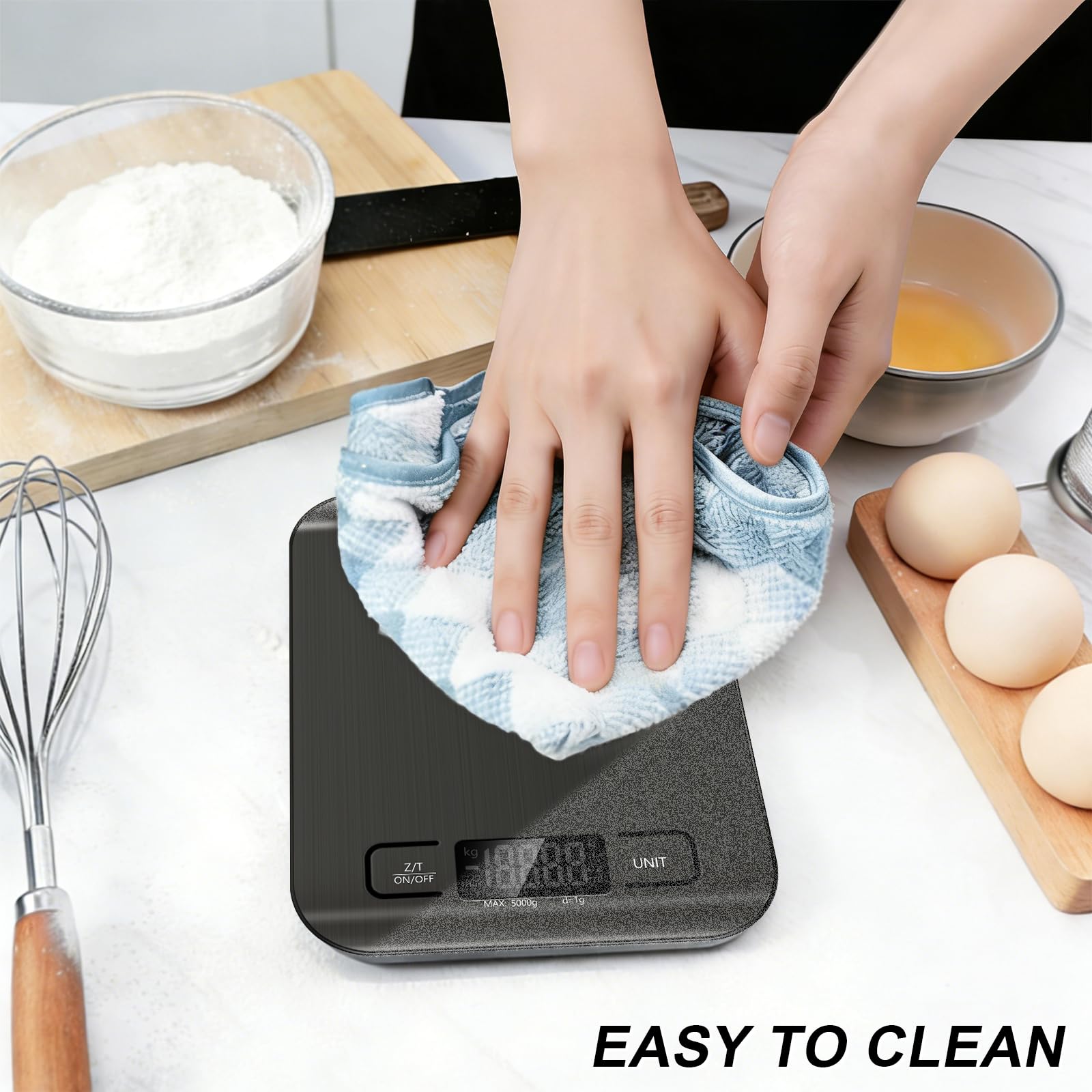 Bilancia da cucina da 5 kg, con 6 funzioni tara e display LCD, 1 g, in acciaio inox, bilancia digitale per alimenti, per cuocere al forno, cucinare, dieta e preparazione dei pasti (nero)