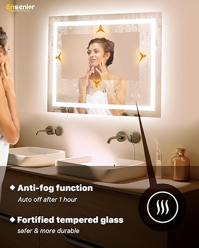 Miniatura 7 de Ensenior Espejo de baño LED de 40 x 32 pulgadas con luz delantera y trasera, espejos de pared regulables sin pasos con antiniebla, a prueba de