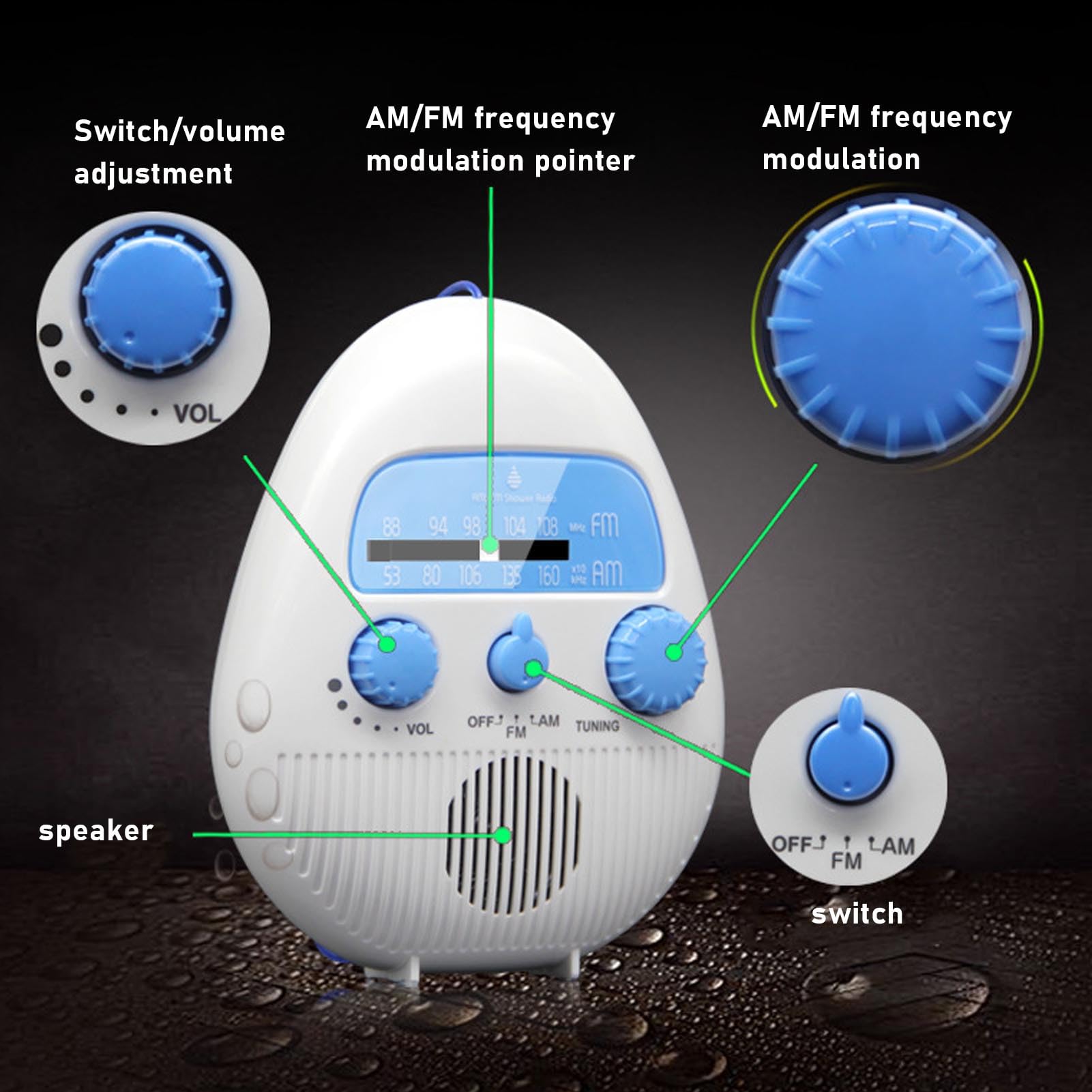 AM FM Shower Radio, Hanging Bathroom Radio with Rotating Knob for Easy Tuning and Volume Control, Water Proof Battery Operated Radio Built in Speaker Audio for Bathroom, Outdoor