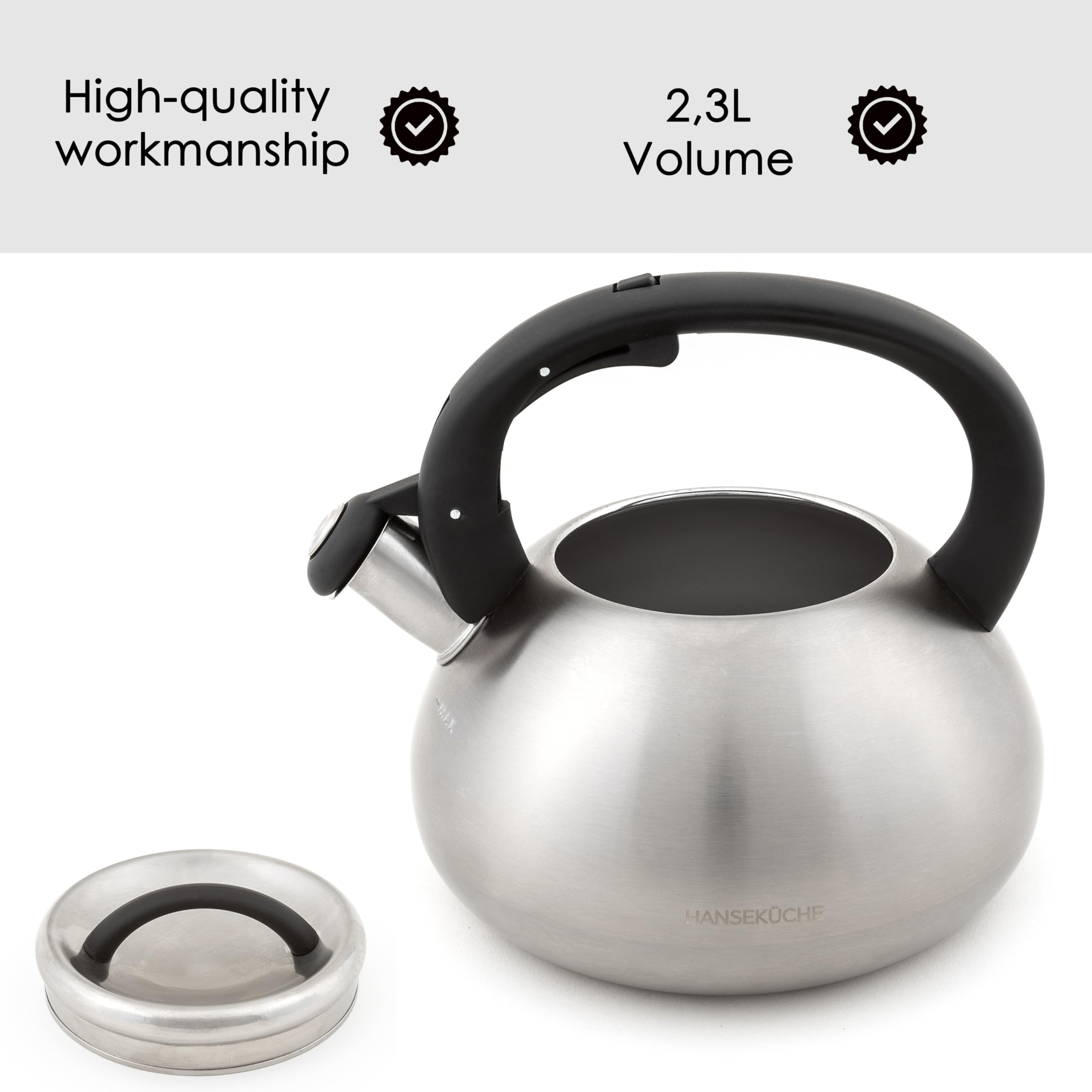 Hanseküche Bollitore da 2,3 l, per induzione e gas, acciaio inox e plastica, design manico in legno, fischietto