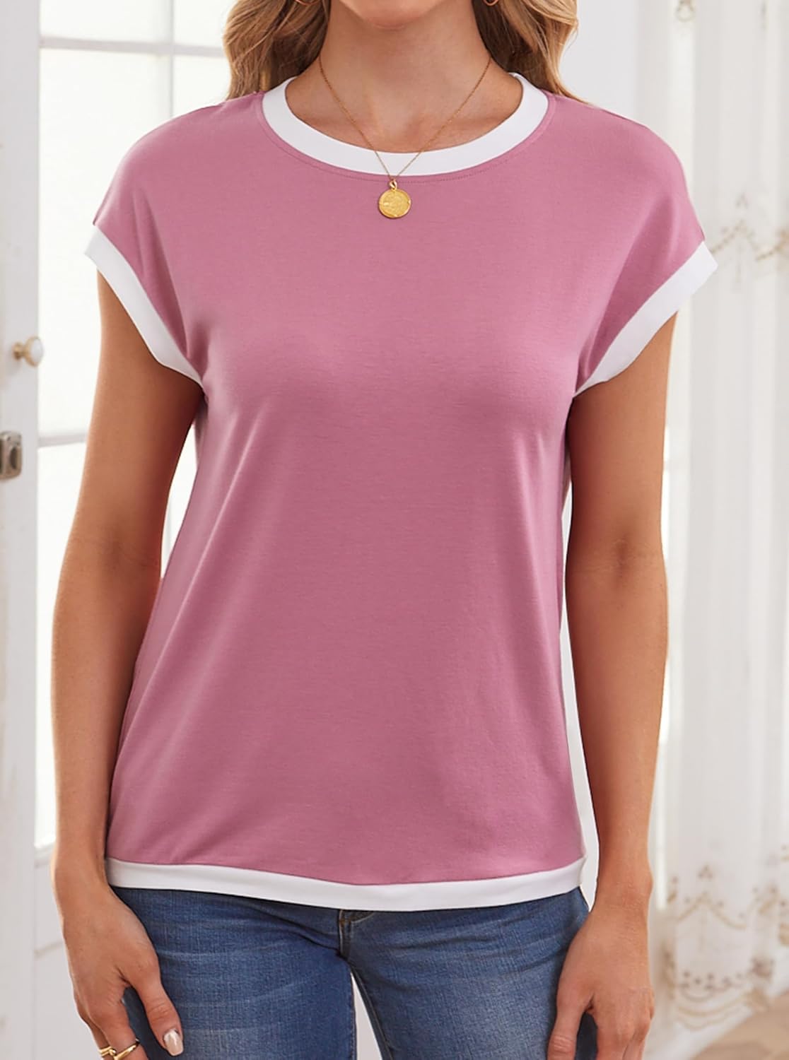 LilyCoco Women Crew Neck T Shirts Basic Summer Color Block Cap Sleeve Tshirts - Image 5