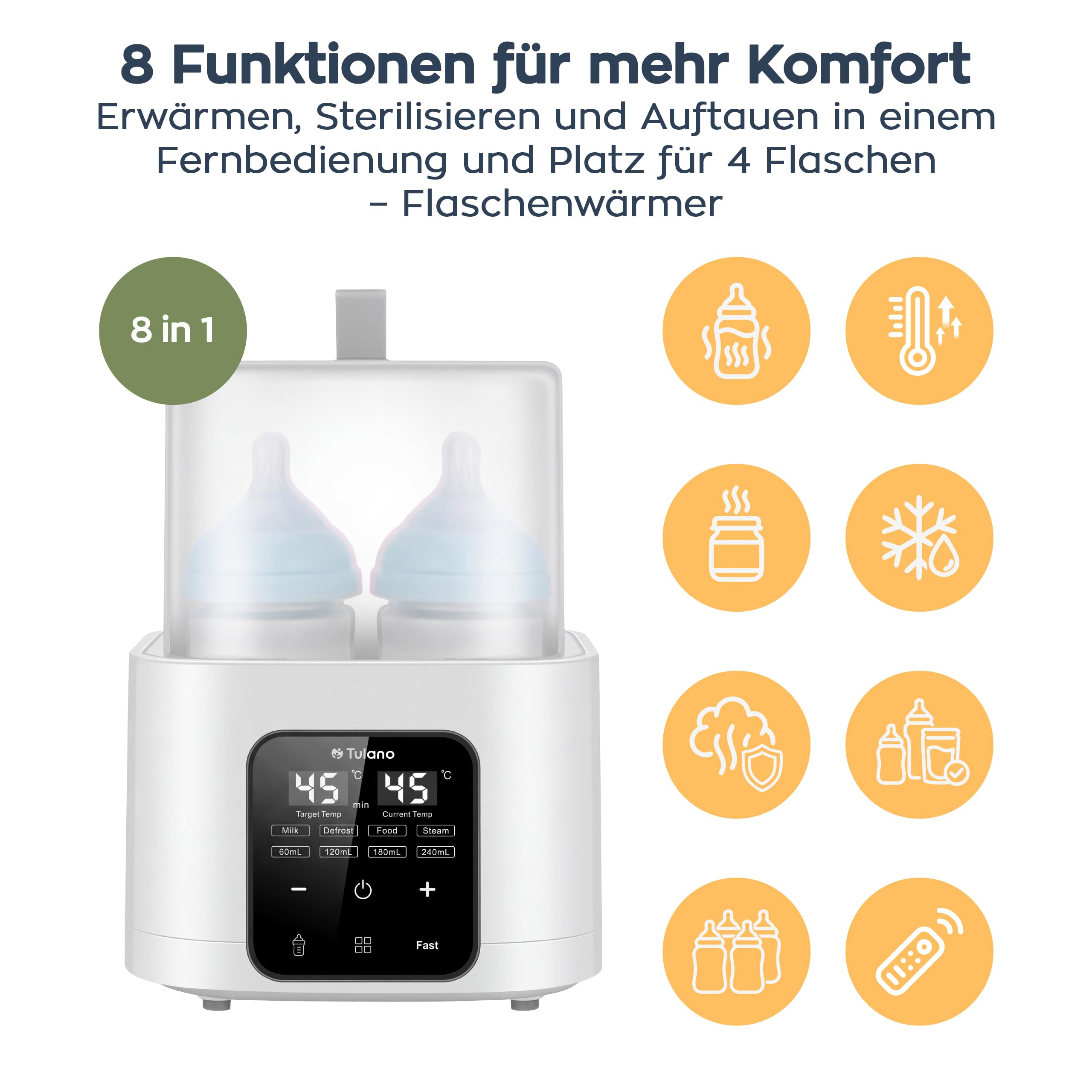 Tulano Ellie 55 8in1 Babykostwärmer mit LCD, Flaschenwärmer Baby, BPA-frei | Sterilisator für Babyflaschen und Fernbedienung – für 4 Fläschchen 60–240 ml – Auftauen und Warmhalten – Weiß