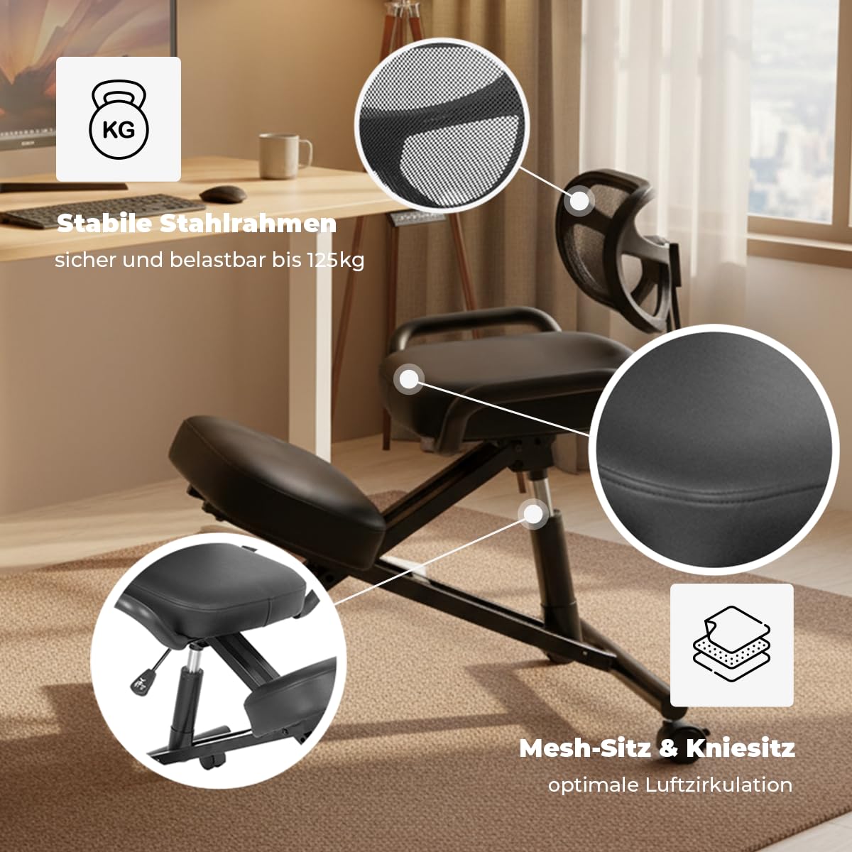 Spacetronik Kniestuhl Ergonomisch mit Rückenlehne, Kniehocker Höhenverstellbar 45–65 cm, Bürostuhl zur Korrektur der Sitzhaltung, Rollhocker für Büro & Home Office, Stahlrahmen bis 125 kg