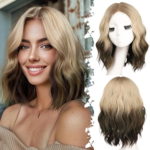 Ombre Blonde To Dark Brown Short Wavy Wig for Women